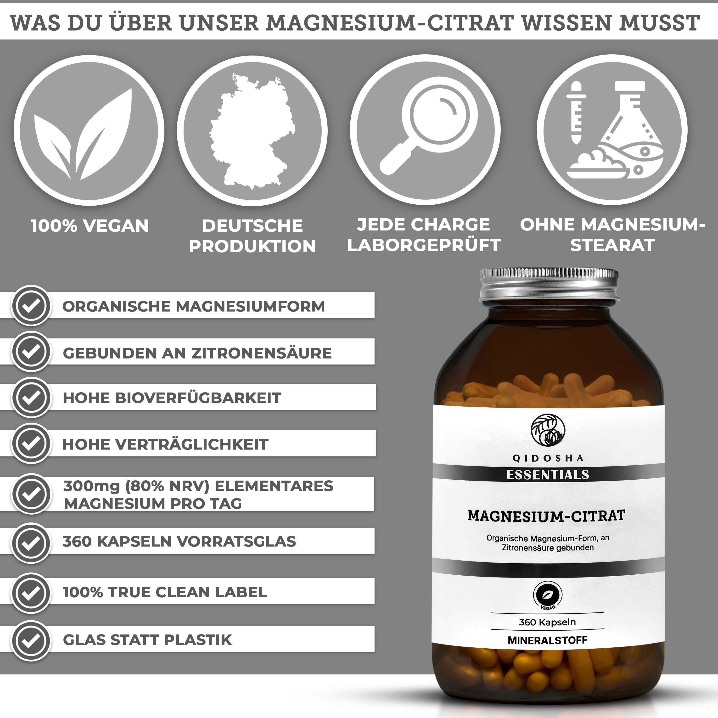 Magnesium-Citrat-Kapseln von Qidosha: Premium-Qualität, 100% vegan, laborgeprüft, ohne Füllstoffe, hohe Bioverfügbarkeit, hergestellt in Deutschland. Verpackt in nachhaltigem Glas, enthält 360 Kapseln.