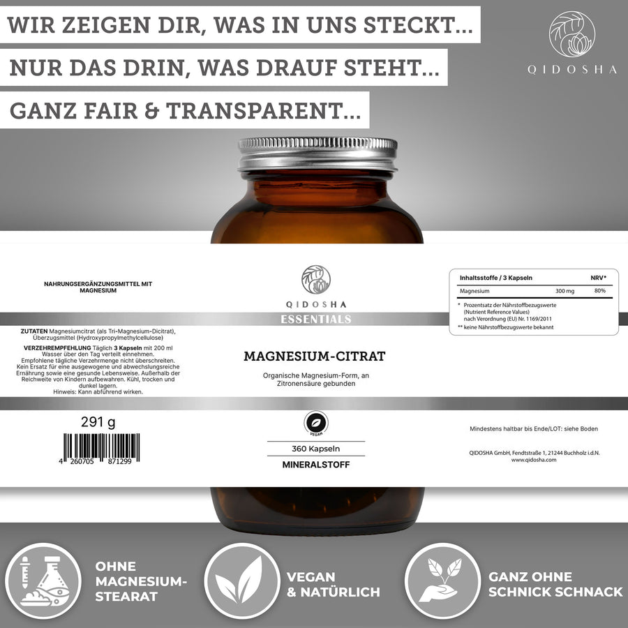 Qidosha Essentials Magnesium-Citrat in veganen Kapseln, 360 Stück; Premium, laborgeprüft, ohne Füllstoffe; organische Magnesium-Form, hohe Bioverfügbarkeit, in nachhaltigem Glas.