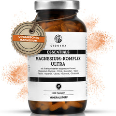 Magnesium-Komplex Ultra im Glas mit 300 veganen Kapseln, laborgeprüft, hohe Qualität, enthält 9 organische Magnesiumformen, nachhaltig, ohne Füllstoffe, produziert in Deutschland.