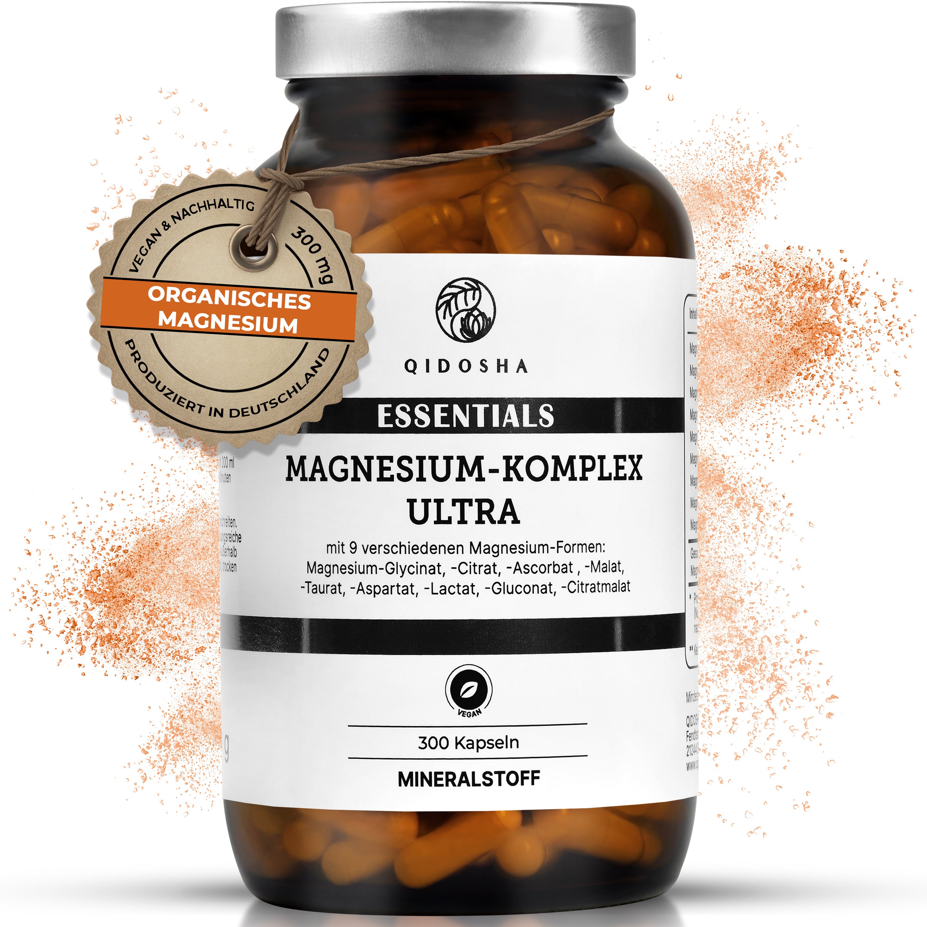 Magnesium-Komplex Ultra im Glas mit 300 veganen Kapseln, laborgeprüft, hohe Qualität, enthält 9 organische Magnesiumformen, nachhaltig, ohne Füllstoffe, produziert in Deutschland.