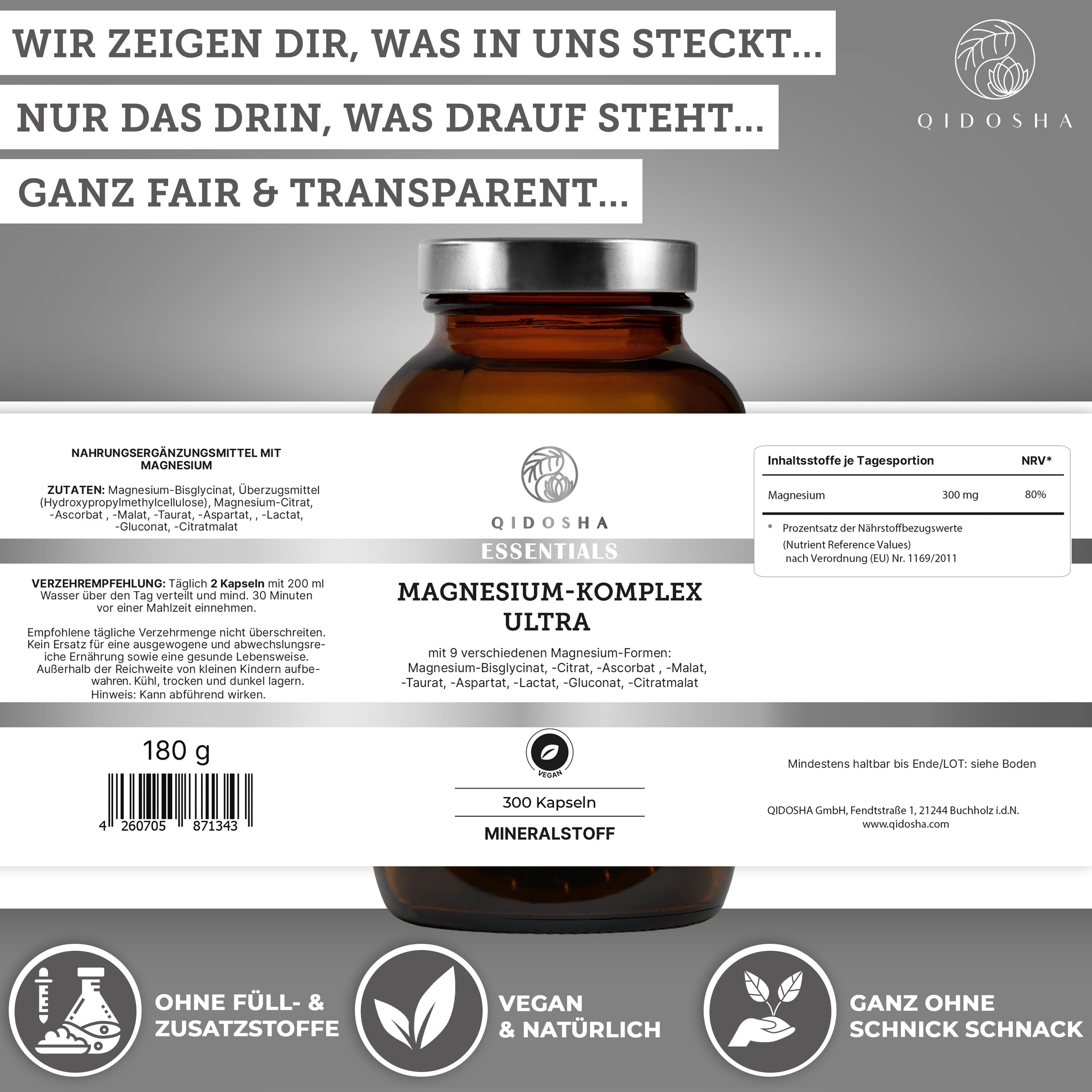Qidosha Magnesium-Komplex Ultra: Premium-Nahrungsergänzungsmittel, 300 Kapseln, laborgeprüft, ohne Füll- oder Zusatzstoffe, für hohe Bioverfügbarkeit und optimale Magnesiumversorgung. Vegan, nachhaltig verpackt.