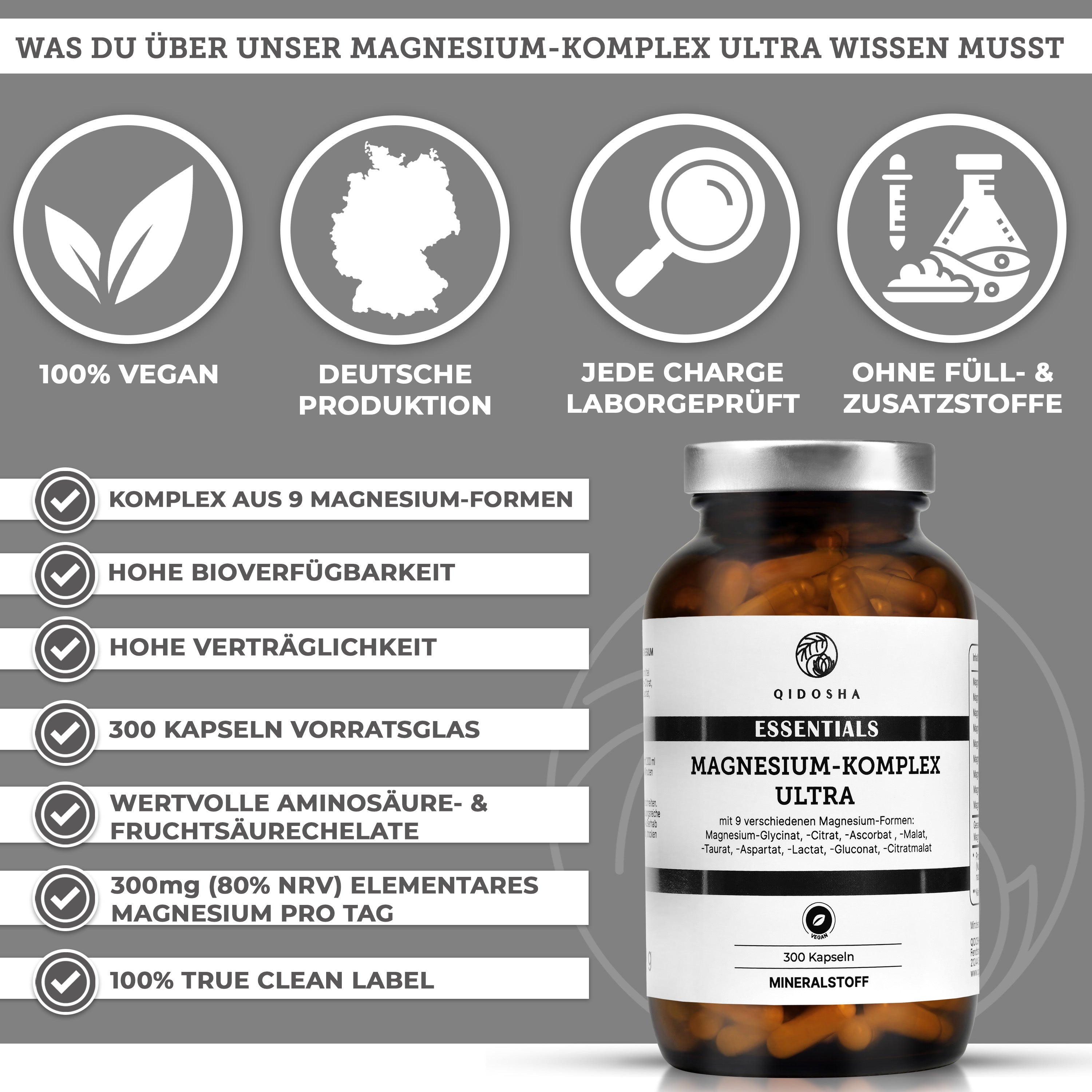 Magnesium-Komplex Ultra von QIDOSHA: 300 vegane Kapseln im Glas, 9 Magnesium-Formen, hohe Bioverfügbarkeit, laborgeprüfte Premium-Qualität, ohne Füllstoffe, True Clean Label.