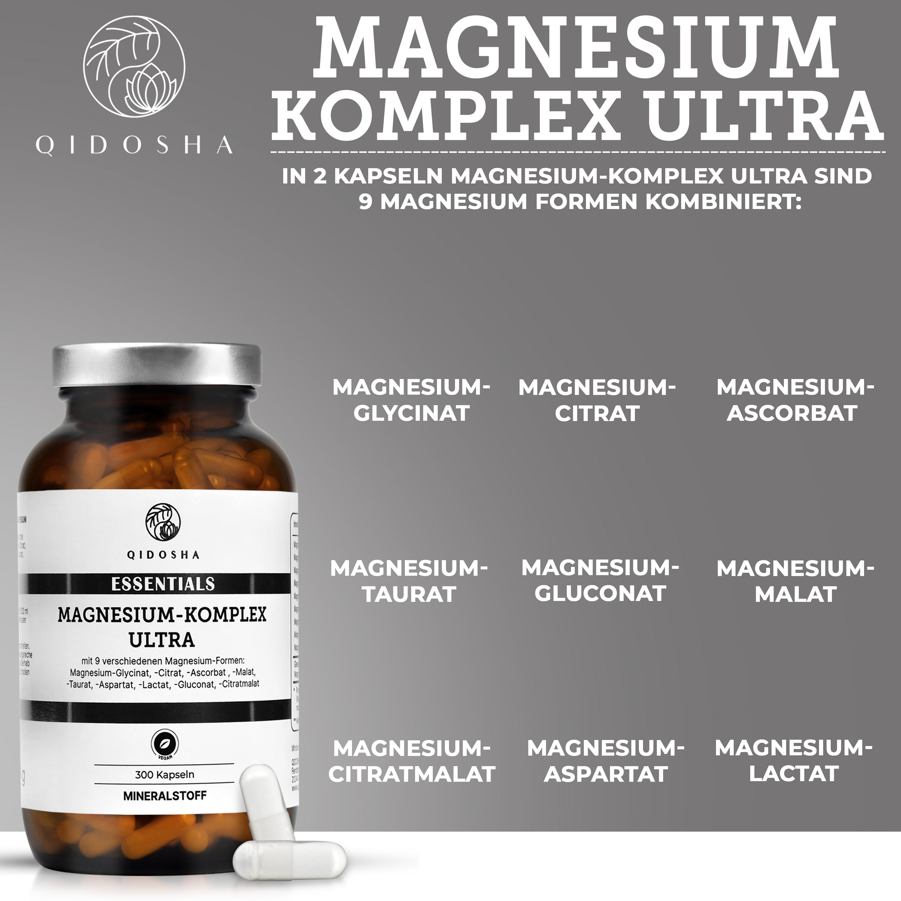Magnesium-Komplex Ultra: Premium-Diät-Ergänzung, 300 vegane Kapseln, 9 Magnesium-Formen, laborgeprüft, ohne Füllstoffe, in nachhaltigem Glas von QIDOSHA.