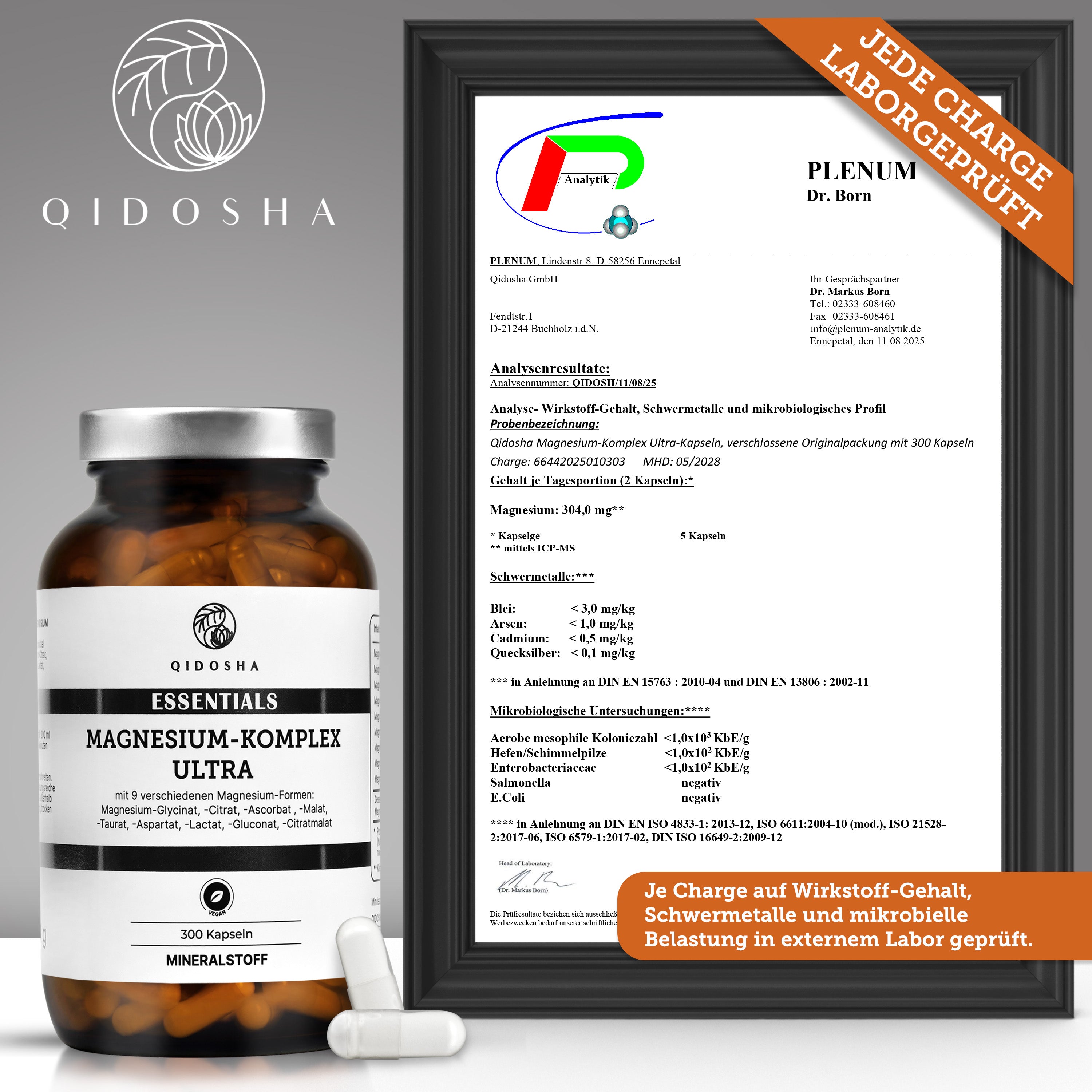 QIDOSHA Essentials Magnesium-Komplex Ultra im Glas, 300 vegane Kapseln, laborgeprüft, ohne Zusatzstoffe, enthält neun Magnesiumformen für hohe Bioverfügbarkeit und Premium-Qualität.