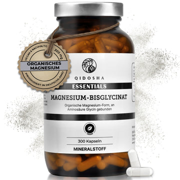Magnesium-Bisglycinat im Glas: Premium, laborgeprüftes Nahrungsergänzungsmittel von Qidosha. 300 vegane Kapseln, organisch, ohne Zusatzstoffe, hohe Verträglichkeit und Bioverfügbarkeit.