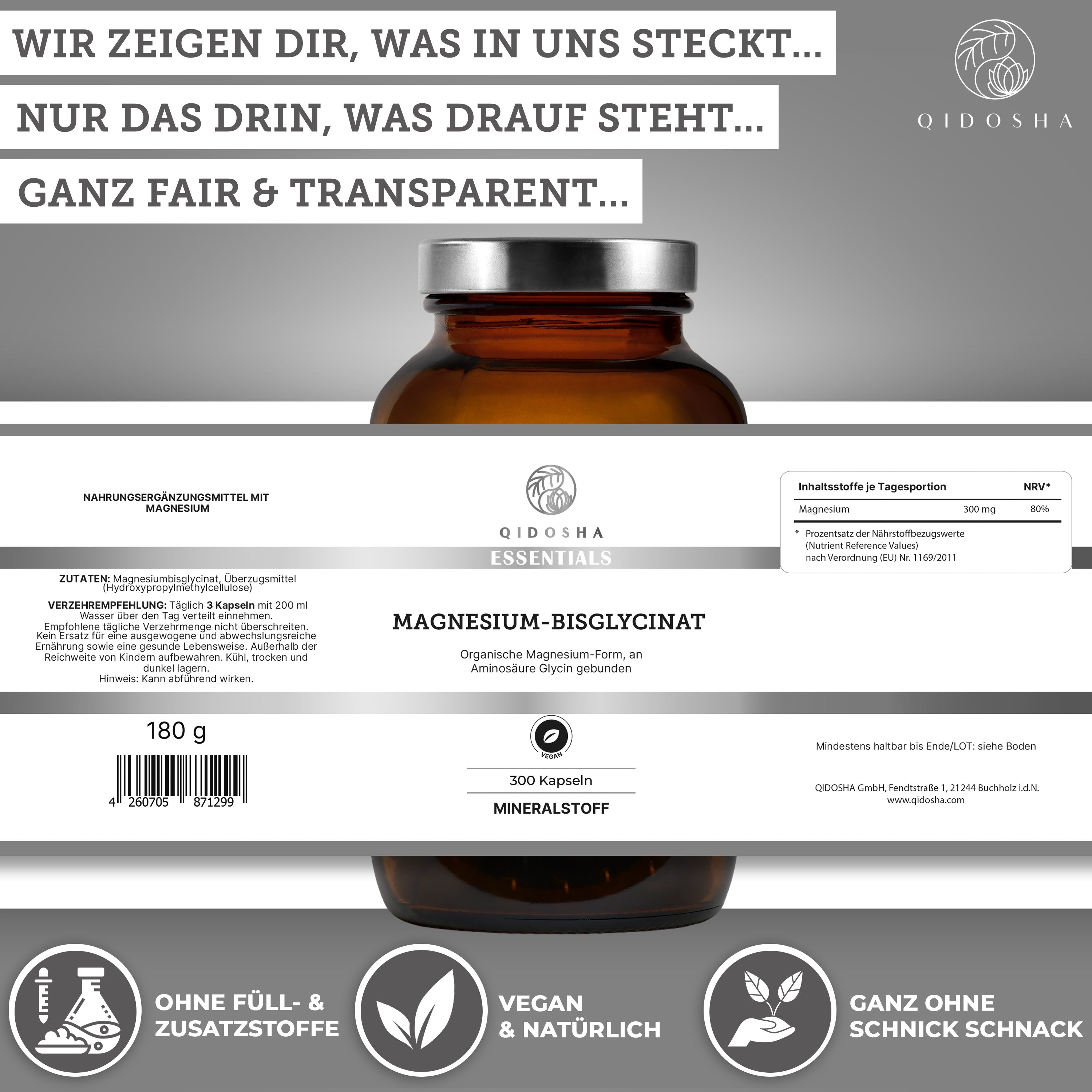 Qidosha Essentials Magnesium-Bisglycinat: Premium-Nahrungsergänzungsmittel in braunem Glas, 300 vegane Kapseln, hohe Verträglichkeit, laborgeprüft, ohne Füll- oder Zusatzstoffe, true clean label.