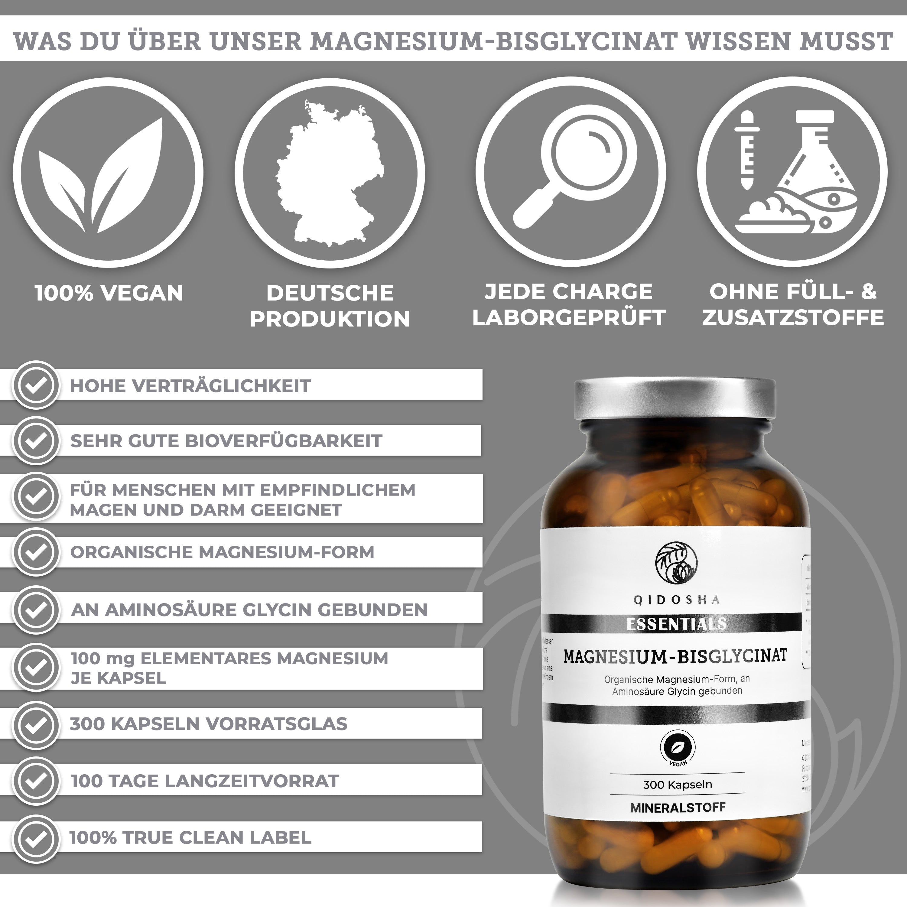 QIDOSHA Magnesium-Bisglycinat Nahrungsergänzung: 100% vegan, laborgeprüft, 300 Kapseln im Glas, organisch, hohe Qualität, ohne Füll- oder Zusatzstoffe, Premium True Clean Label.