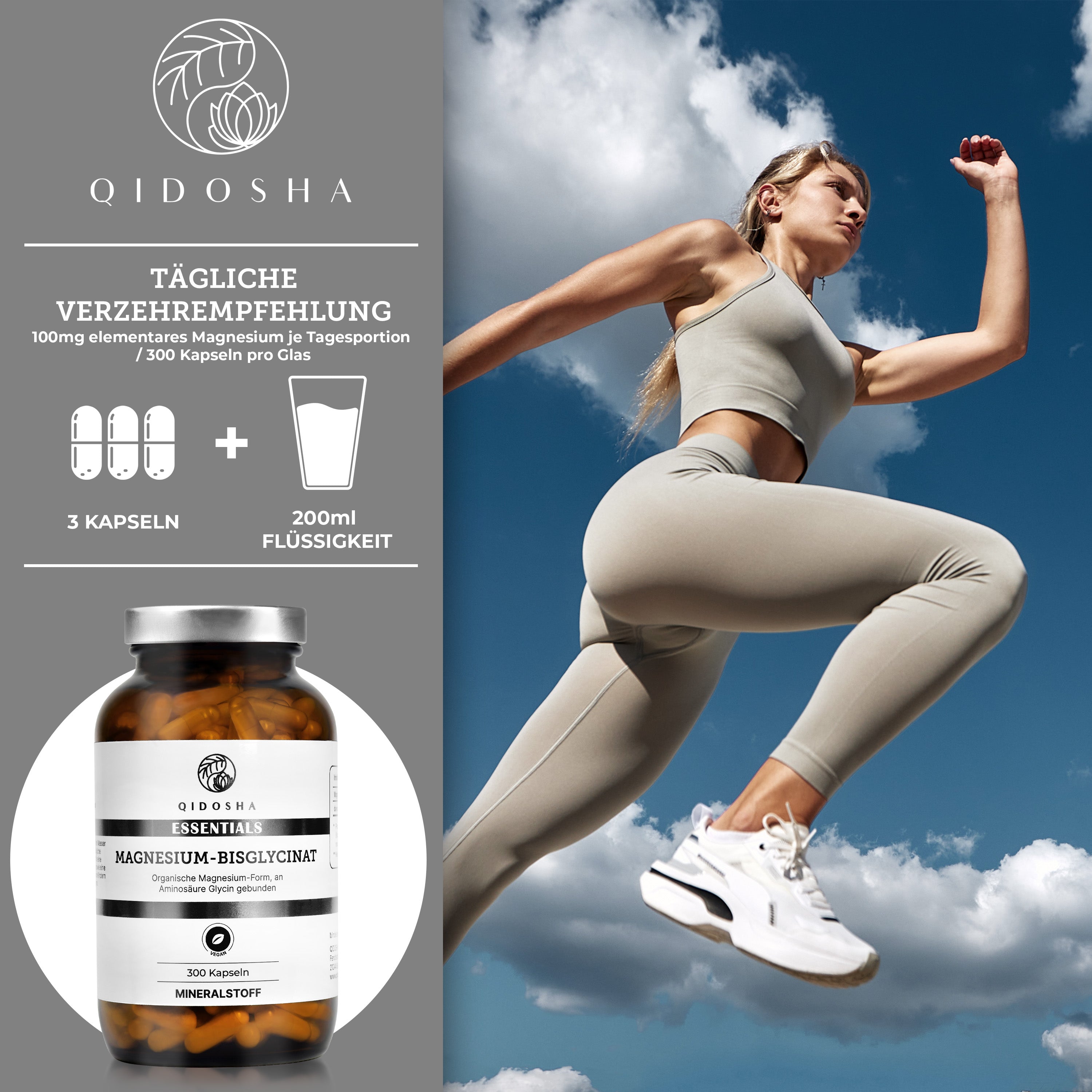 QIDOSHA Magnesium-Bisglycinat: Premium-Kapseln in braunem Glas, hohe Bioverfügbarkeit, vegan, ohne Füllstoffe. Sportliche Frau symbolisiert Vitalität und Wellness. 300 Kapseln, laborgeprüfte Qualität.