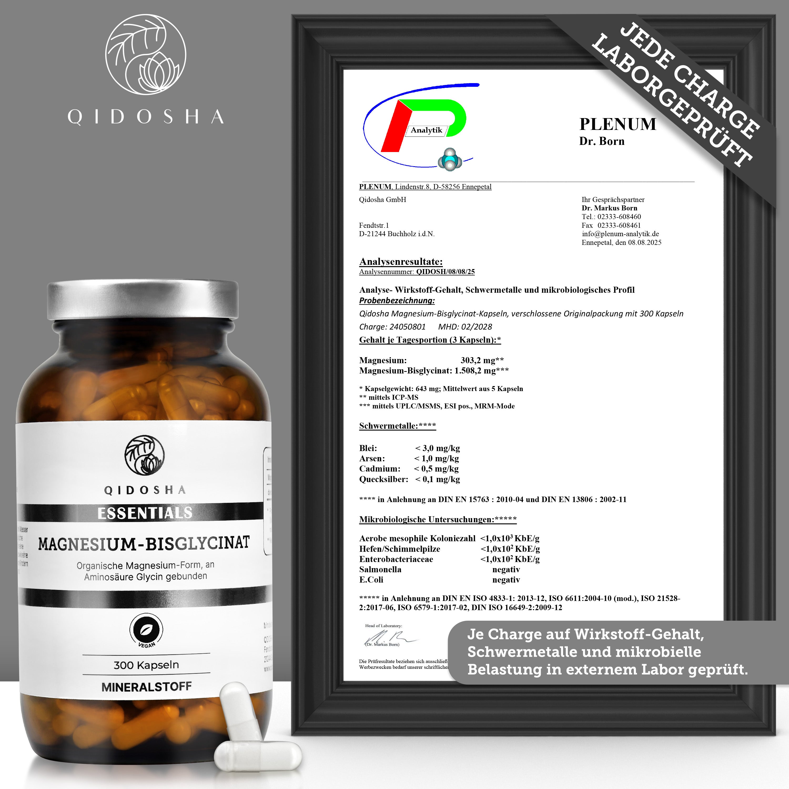 Magnesium-Bisglycinat im Glas: Hochwertiges Premium-Nahrungsergänzungsmittel, 300 vegane Kapseln, laborgeprüft, ohne Zusatzstoffe, in nachhaltigem Glasbehälter, für optimale Verträglichkeit und Bioverfügbarkeit.