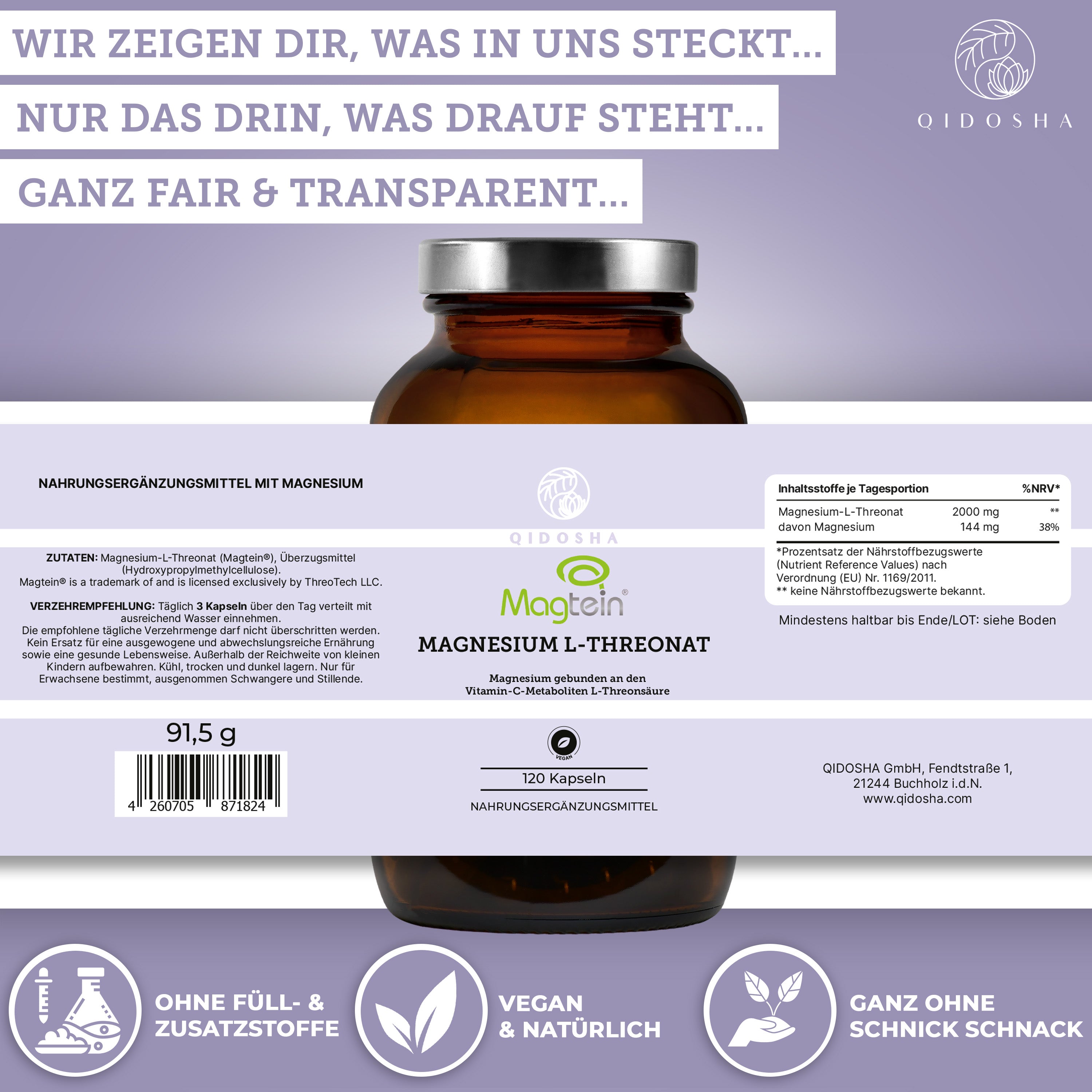 QIDOSHA Mental Stack: Premium Magnesium L-Threonat Supplement in braunem Glas, hohe Qualität, vegan, ohne Füll- oder Zusatzstoffe, laborgeprüft, für mentale Leistungsfähigkeit.