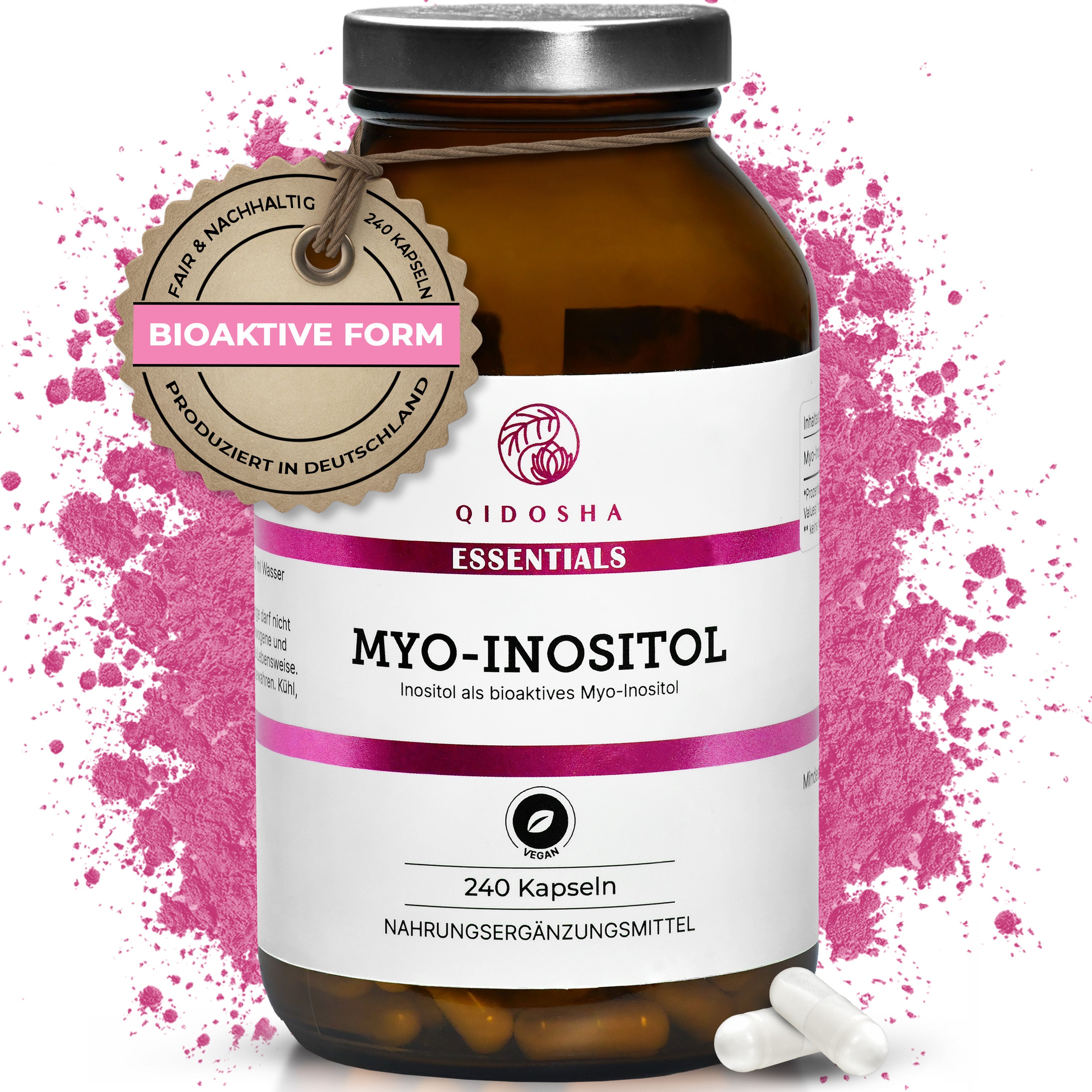 Myo-Inositol im Glas: Premium, laborgeprüftes Nahrungsergänzungsmittel mit 240 veganen Kapseln, bioaktive Form, ohne Füllstoffe, in lichtgeschütztem Braunglas, hergestellt in Deutschland.