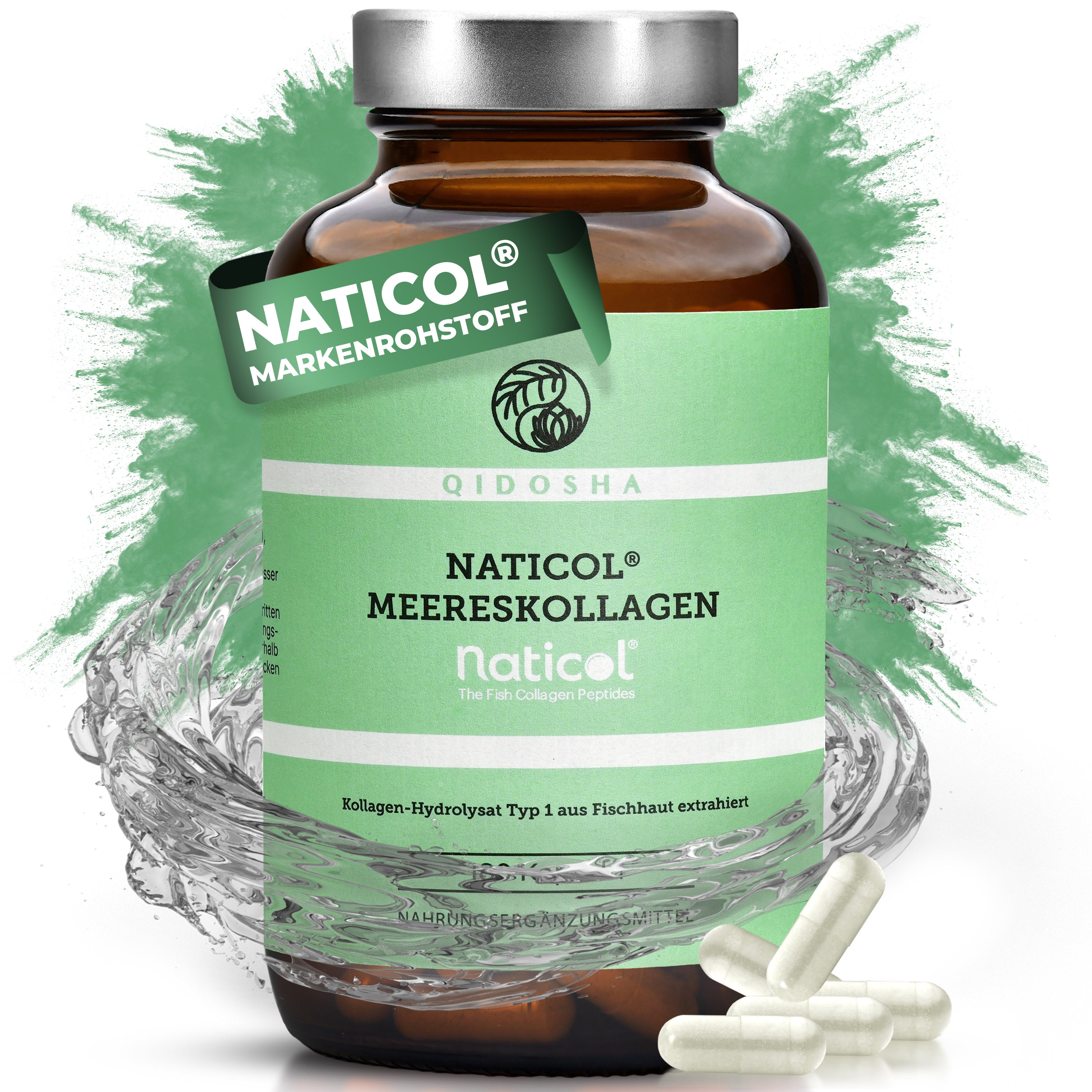 Naticol® Meereskollagen Hydrolysat in Glas mit weißen Kapseln, Premium-Qualität, laborgeprüft, ohne Füllstoffe. Ideal für Haut und Gelenke.