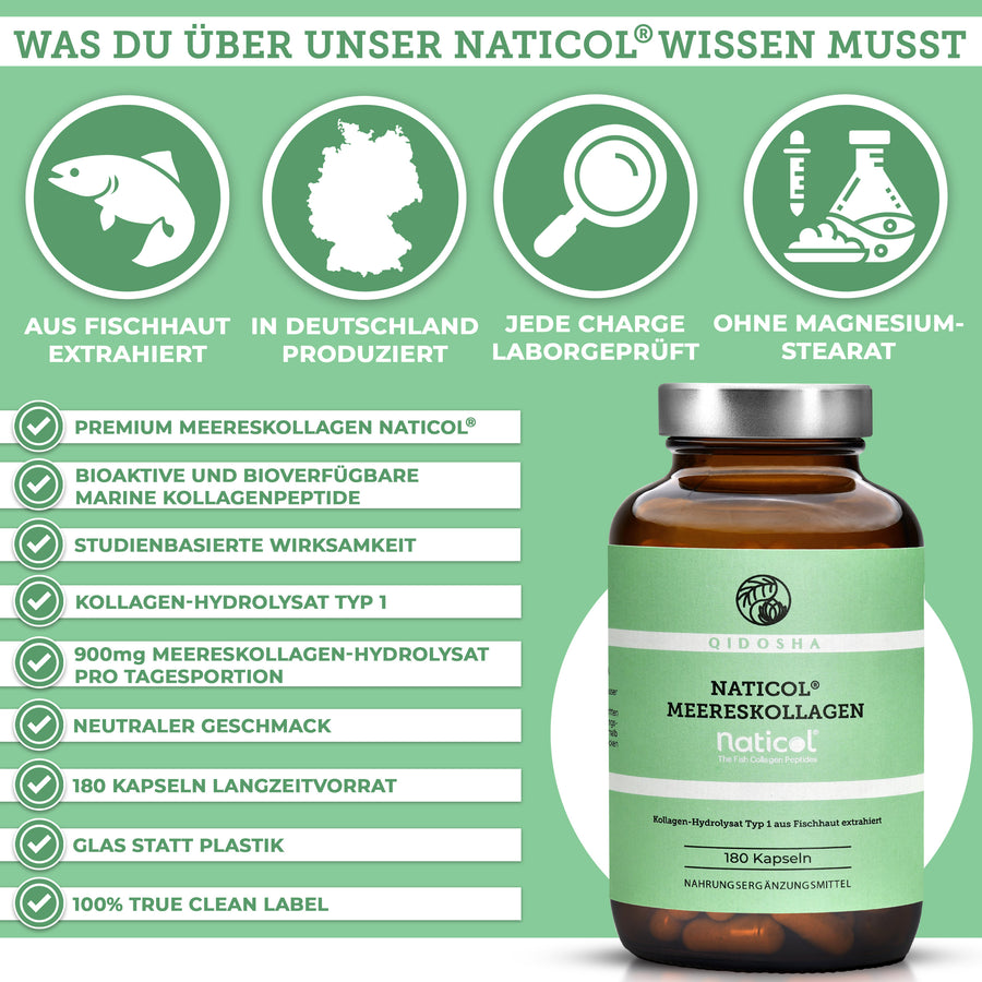 Naticol® Meereskollagen Hydrolysat: Premium, laborgeprüftes marines Kollagen, ohne Magnesiumstearat, in Deutschland hergestellt, 180 Kapseln im umweltfreundlichen Glas, 900 mg pro Tagesportion.