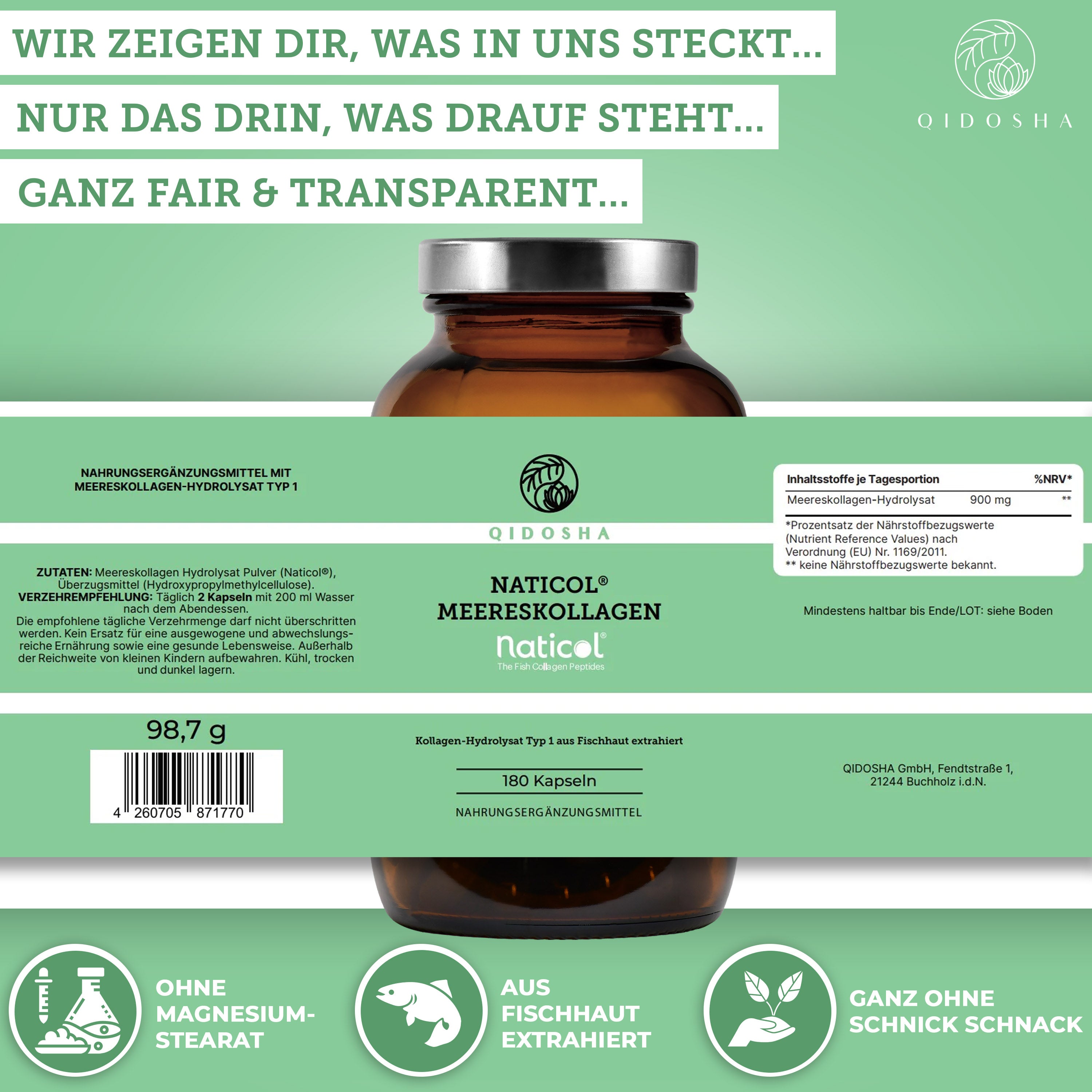 Naticol® Marine Kollagen: Premium, laborgeprüftes Meereskollagen-Hydrolysat aus Fischhaut, ohne Füllstoffe. 180 Kapseln in umweltfreundlichem Braunglas, für hohe Qualität und Bioverfügbarkeit.