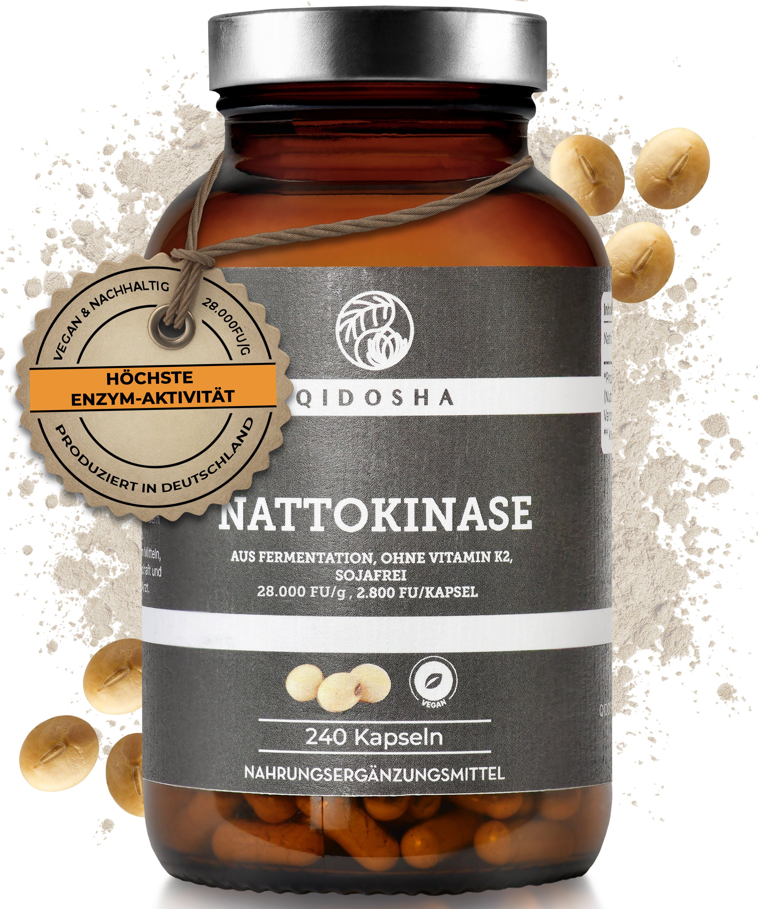 Qidosha Nattokinase 2800 FU/Kapsel: Premium, vegan, enzymreiche Nahrungsergänzung ohne Füllstoffe, nachhaltig in Deutschland produziert. 240 Kapseln, laborgeprüfte Qualität.
