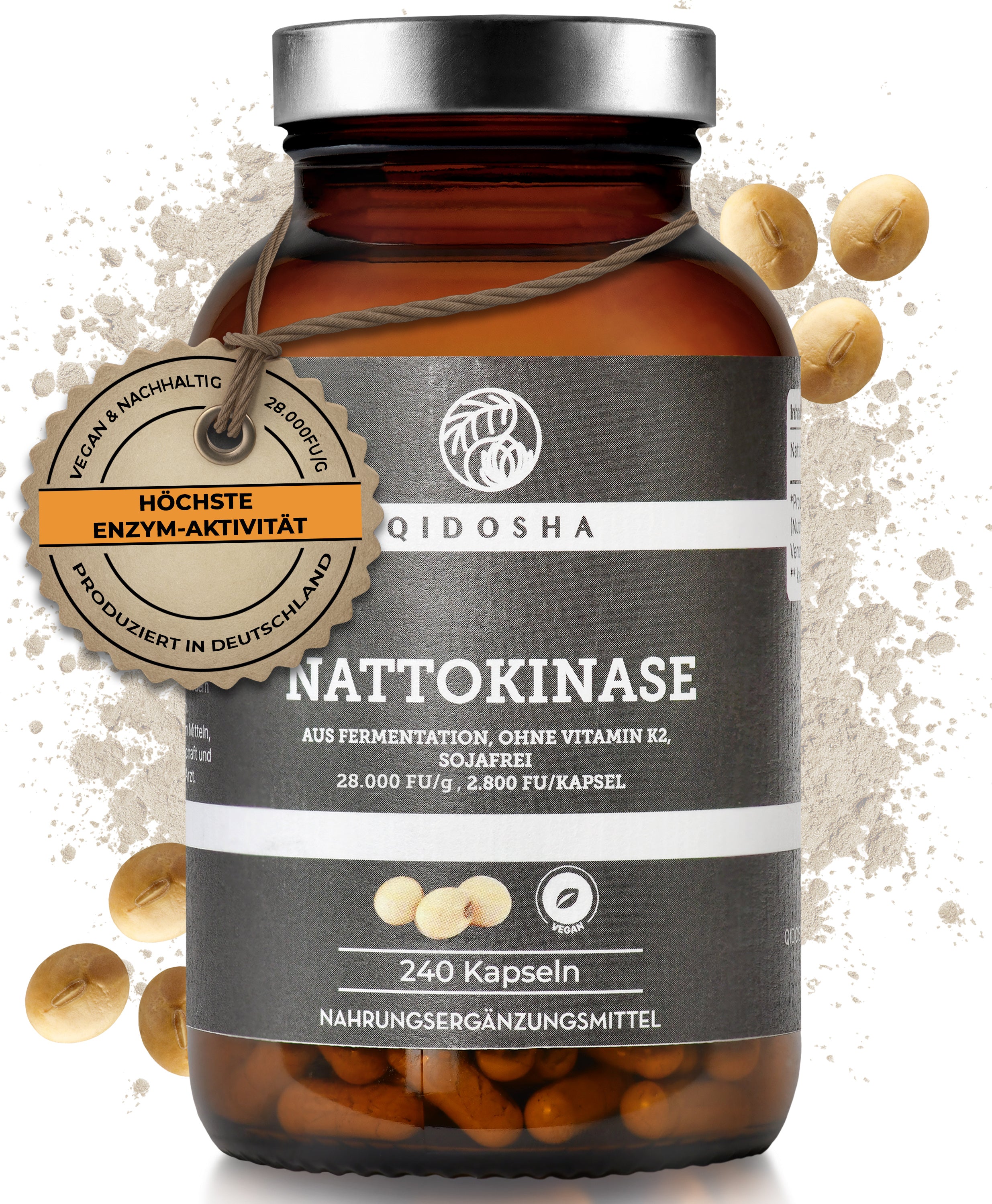 Qidosha Nattokinase 2800 FU/Kapsel: Premium, vegan, enzymreiche Nahrungsergänzung ohne Füllstoffe, nachhaltig in Deutschland produziert. 240 Kapseln, laborgeprüfte Qualität.