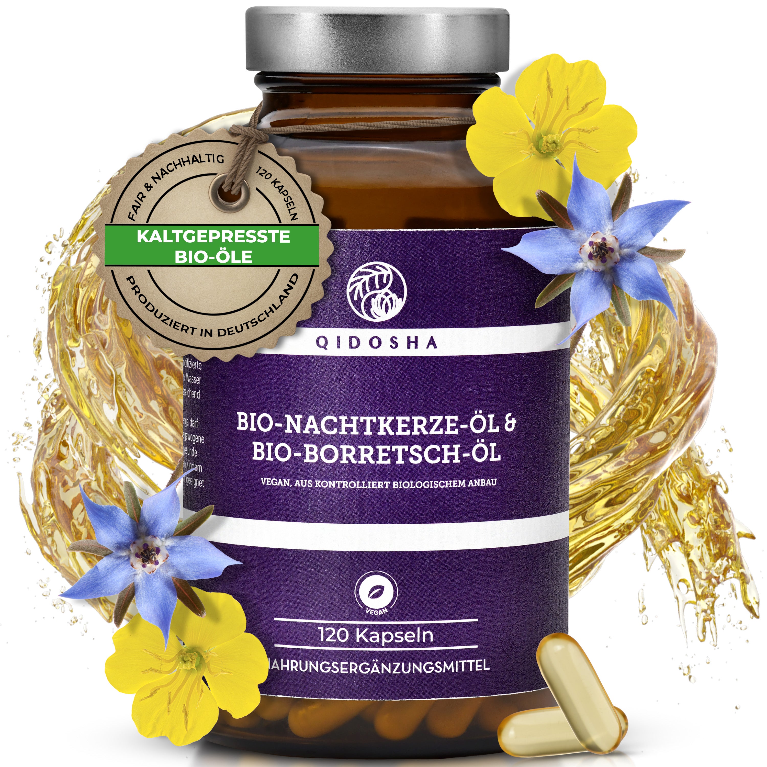 Bio Nachtkerze & Bio Borretsch Öl im Glas: Premium, kaltgepresste, vegane Kapseln mit hoher Qualität, ohne Zusatzstoffe, aus fairer, nachhaltiger Herstellung in Deutschland, von QIDOSHA.