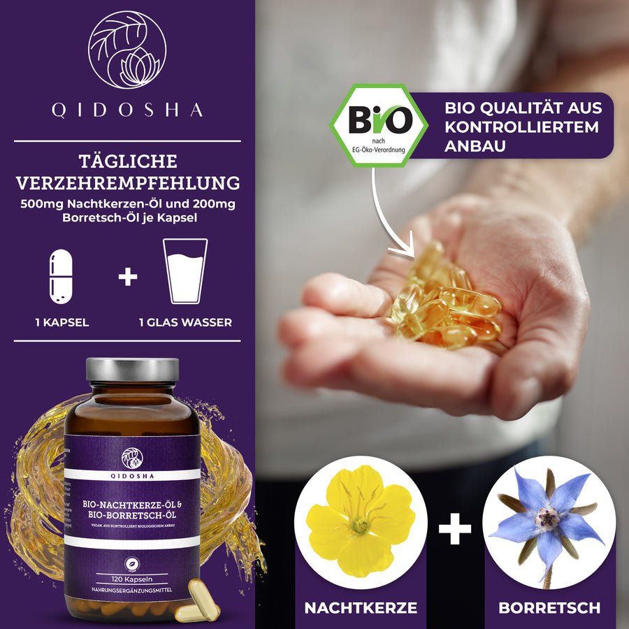 Organic evening primrose & organic borage oil in a glass