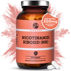 QIDOSHA Nicotinamid Ribosid (NR) im braunen Glas, 120 vegane Kapseln à 300 mg, Premium-Nahrungsergänzungsmittel, laborgeprüfte Qualität, ohne Füllstoffe, in Deutschland hergestellt.