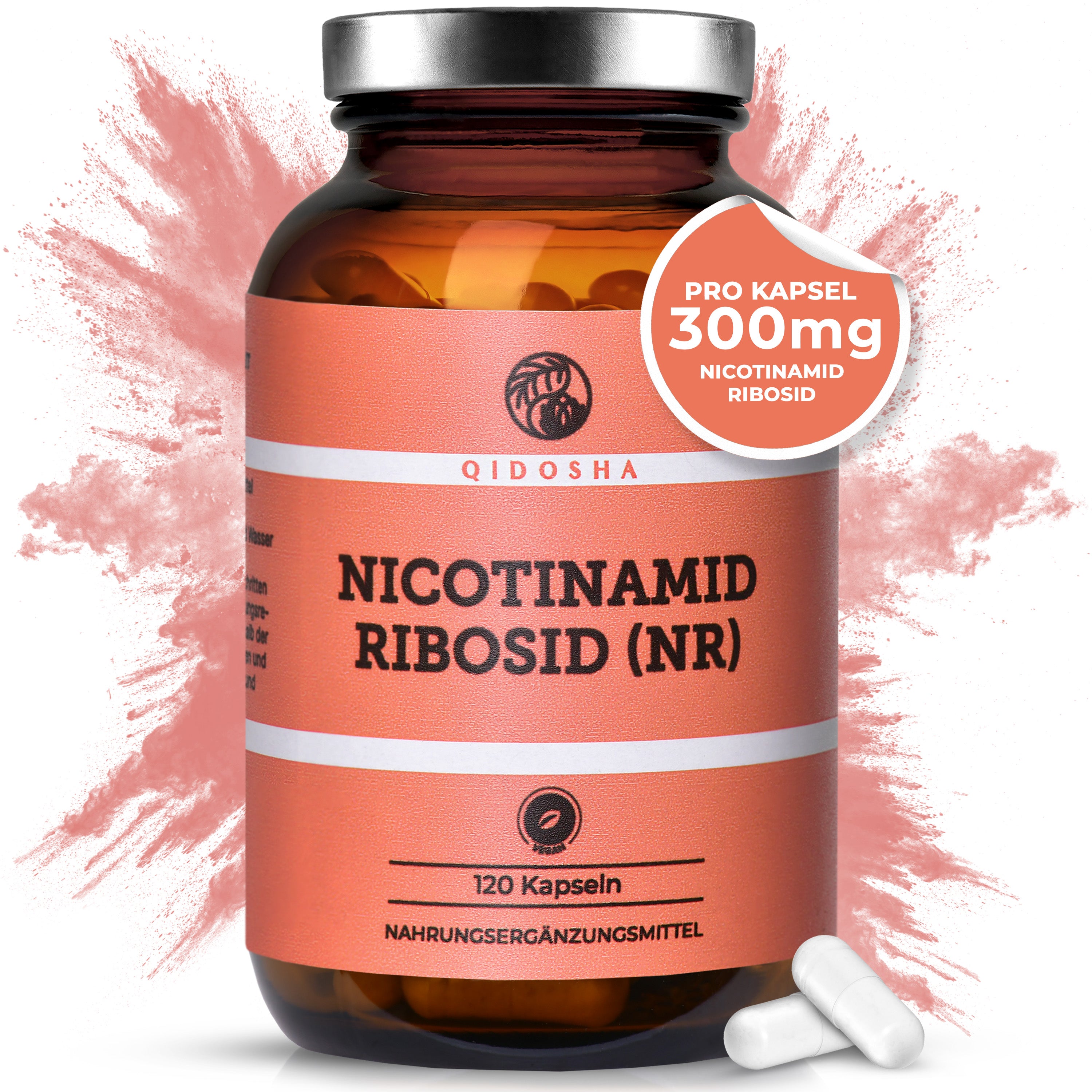 QIDOSHA Nicotinamid Ribosid (NR) im braunen Glas, 120 vegane Kapseln à 300 mg, Premium-Nahrungsergänzungsmittel, laborgeprüfte Qualität, ohne Füllstoffe, in Deutschland hergestellt.