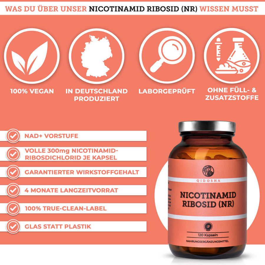 Nicotinamid Ribosid (NR) von QIDOSHA: 120 vegane, laborgeprüfte Kapseln im Braunglas mit 300 mg pro Kapsel, ohne Füll- oder Zusatzstoffe. Premium True-Clean-Label.
