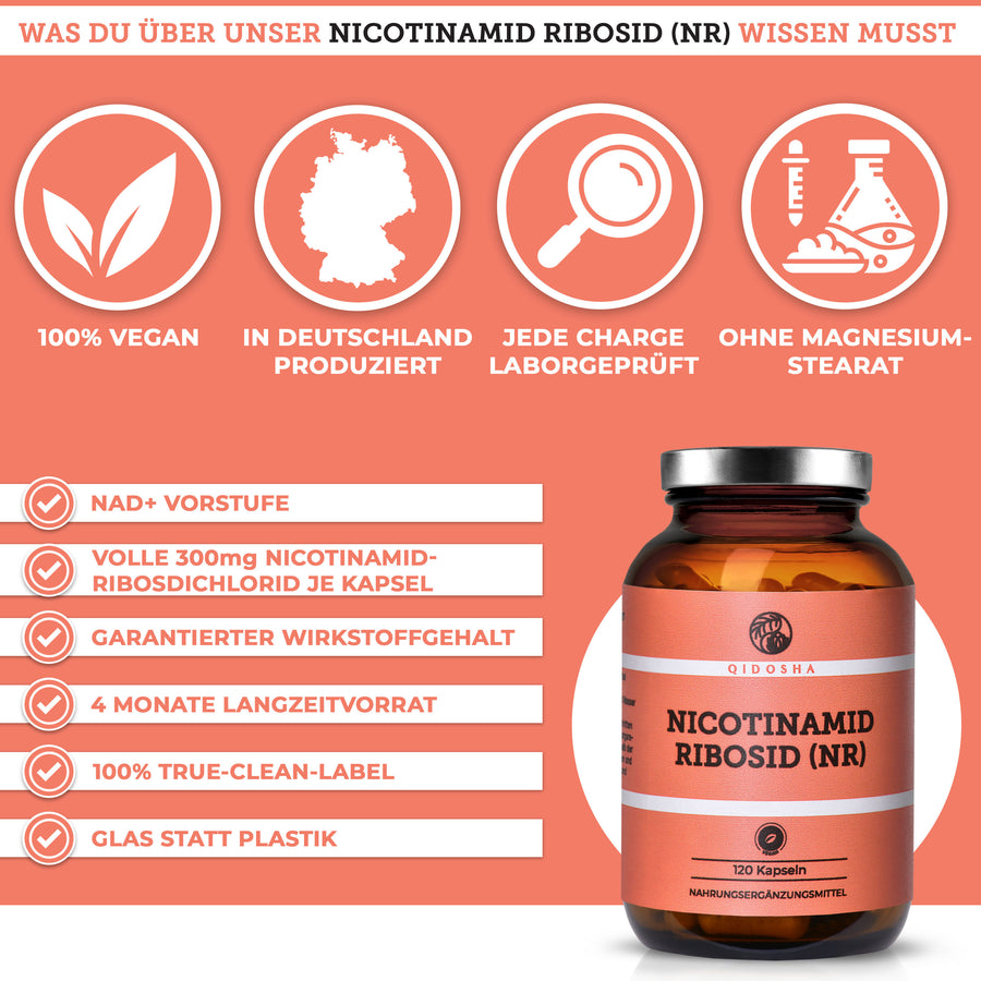 Nicotinamid Ribosid (NR) als NAD+ Vorstufe von QIDOSHA: 100% vegan, laborgeprüft, ohne Zusatzstoffe, 300mg/Kapsel, 4-Monate Vorrat, in Deutschland produziert, Glasverpackung.