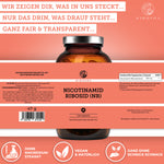 Nicotinamid Ribosid (NR) als NAD+ Vorstufe, 120 vegane Kapseln im Braunglas von QIDOSHA, laborgeprüfte Premiumqualität, ohne Füllstoffe, für Energie und Zellgesundheit.