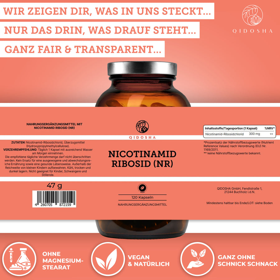 Nicotinamid Ribosid (NR) als NAD+ Vorstufe, 120 vegane Kapseln im Braunglas von QIDOSHA, laborgeprüfte Premiumqualität, ohne Füllstoffe, für Energie und Zellgesundheit.