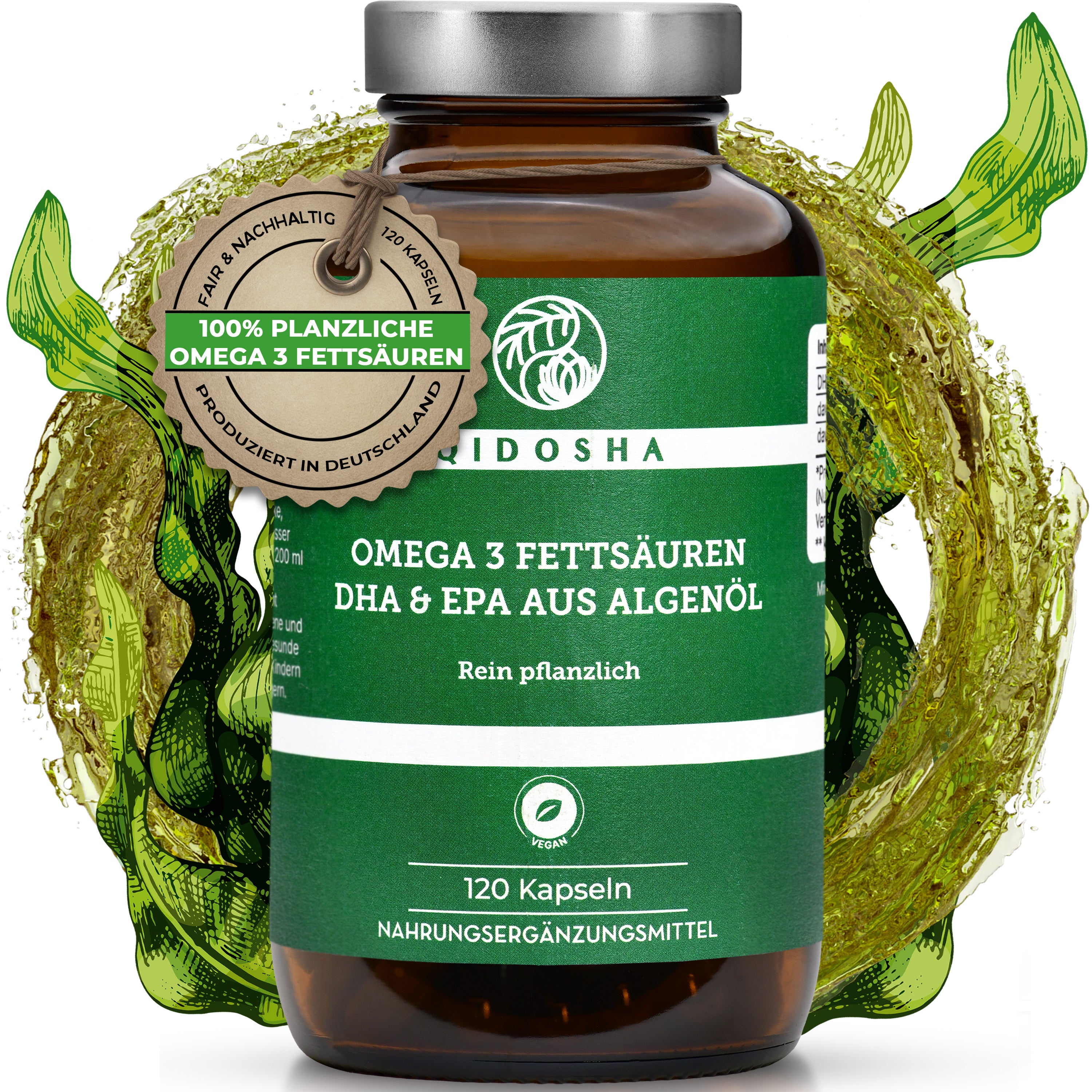 QIDOSHA Omega 3 Fettsäuren aus Algenöl (vegan) im Glas, 120 Kapseln. Premium, rein pflanzlich, laborgeprüft, ohne Füllstoffe, nachhaltig in Deutschland hergestellt.