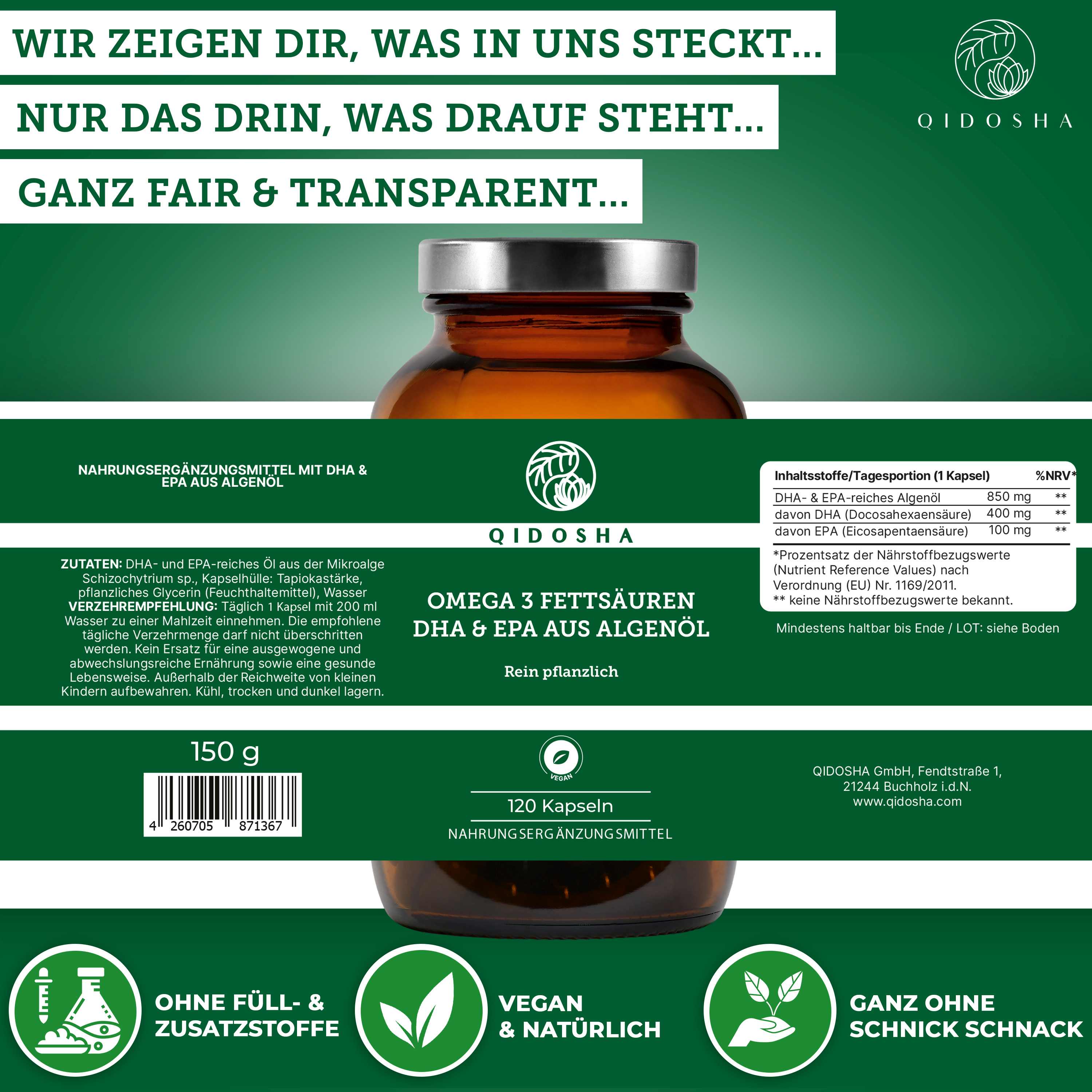 Qidosha Omega-3 Fettsäuren, vegan, aus Algenöl, 120 Kapseln. Premium-Qualität, ohne Füllstoffe. Unterstützt Herz und Gehirnfunktion.