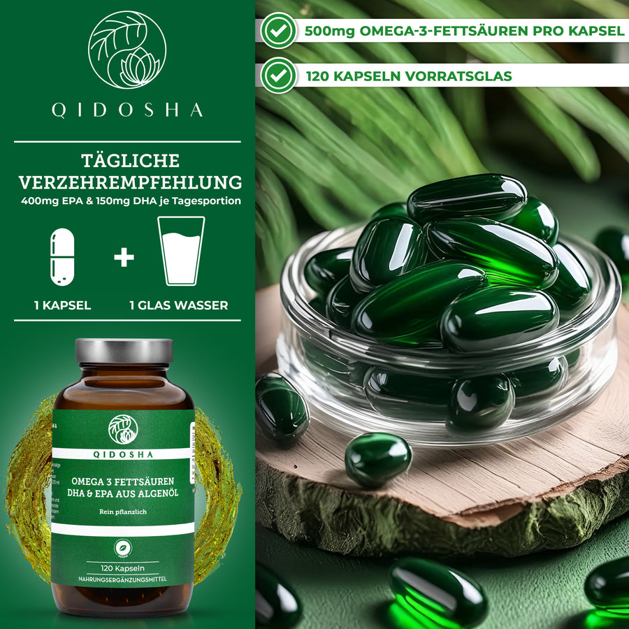 Omega 3 fatty acids from algae oil (vegan) in a glass