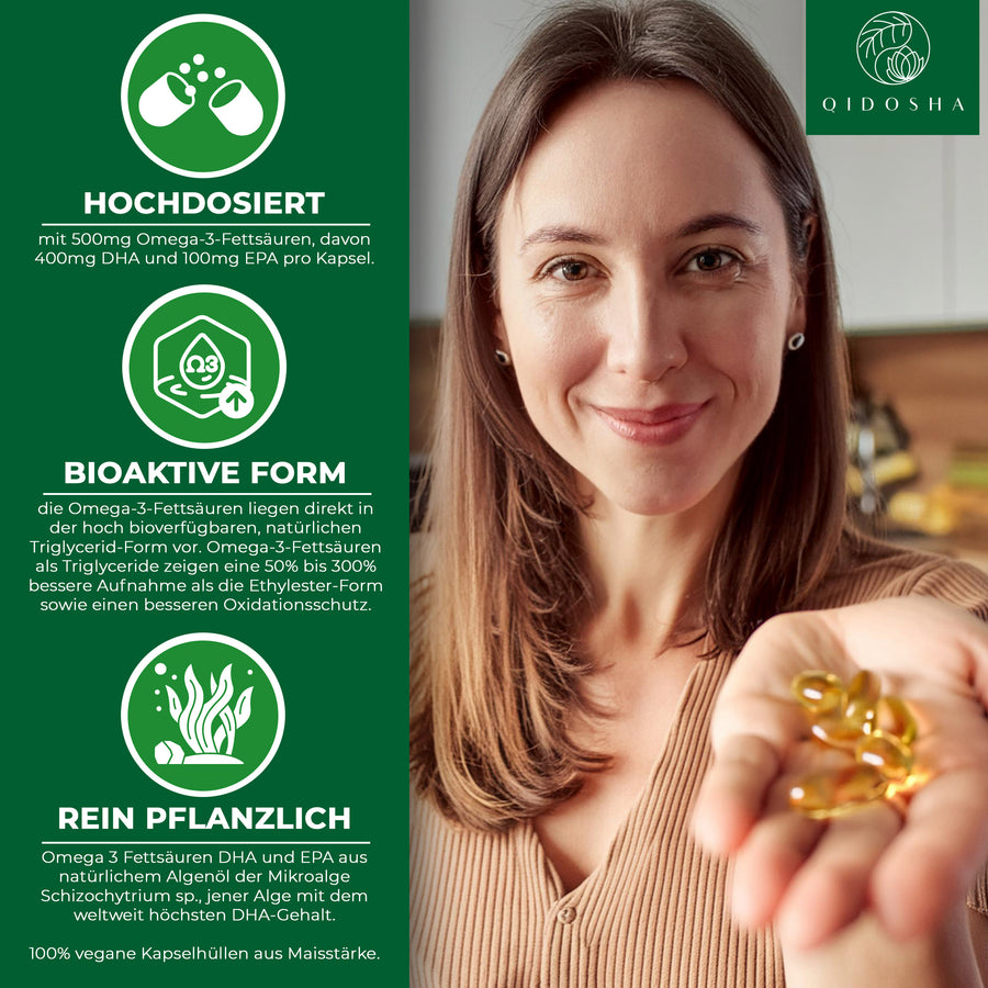 Omega 3 fatty acids made of algae oil (vegan) in the glass