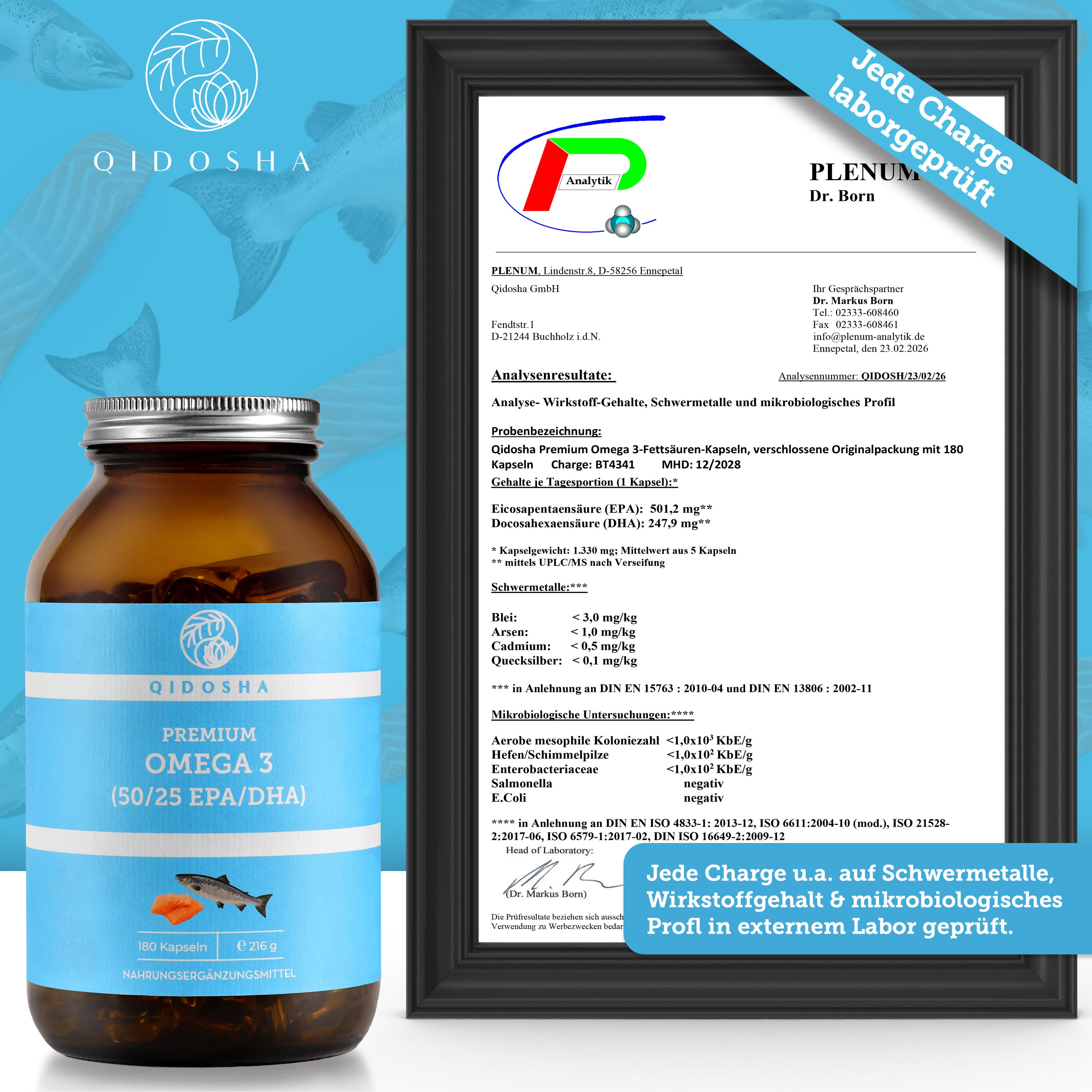 QIDOSHA Premium Omega 3 Fettsäuren aus Fischöl mit hohem EPA- und DHA-Anteil, 180 laborgeprüfte Kapseln in braunem Glas, ohne Füll- oder Zusatzstoffe, hohe Qualität.