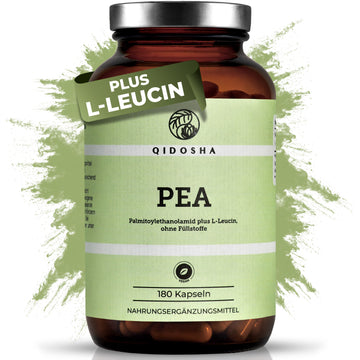Qidosha Premium-Glasflasche mit 180 veganen Palmitoylethanolamid (PEA) plus L-Leucin Kapseln, laborgeprüft, ohne Füllstoffe, 2-Monatsvorrat, in Deutschland hergestellt.