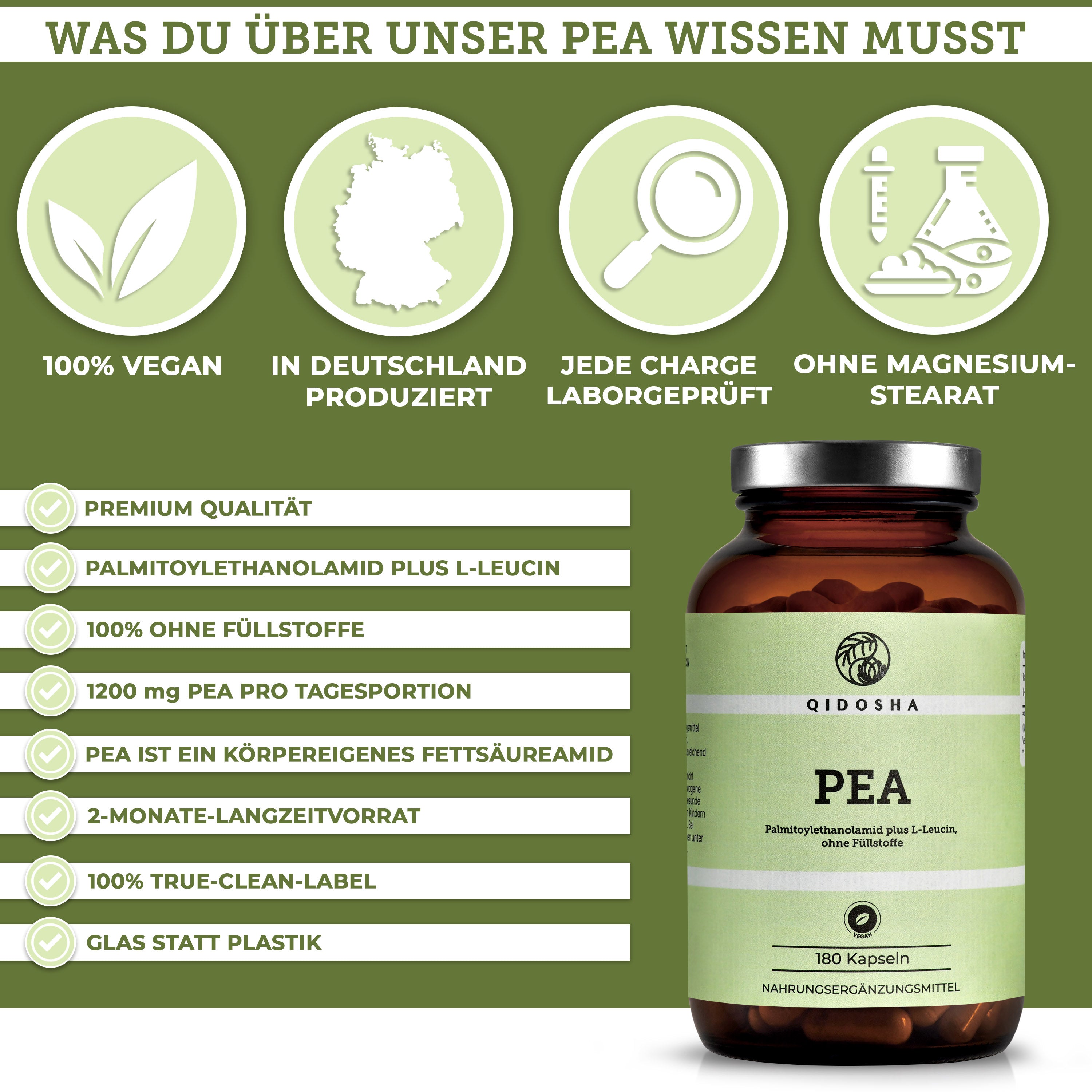 Palmitoylethanolamid (PEA) Nahrungsergänzungsmittel von Qidosha, 180 vegane Kapseln, Premium-Qualität, ohne Füllstoffe, in Deutschland produziert, 1200 mg PEA pro Tagesportion, im Braunglas.