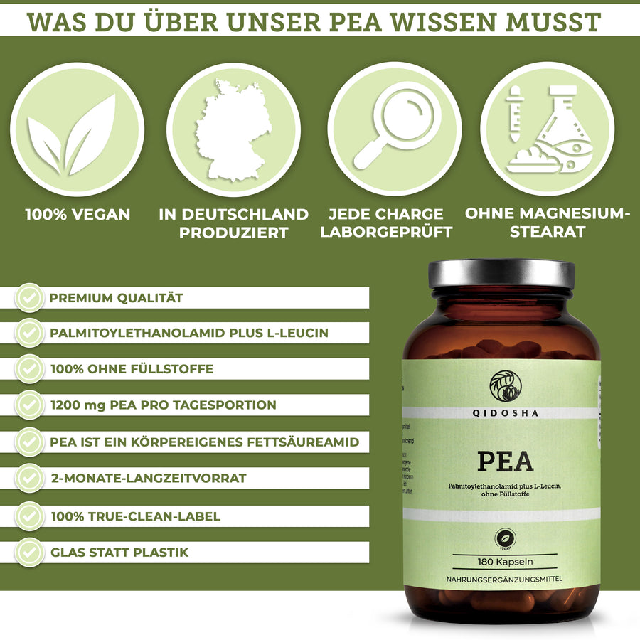 Palmitoylethanolamid (PEA) Nahrungsergänzungsmittel von Qidosha, 180 vegane Kapseln, Premium-Qualität, ohne Füllstoffe, in Deutschland produziert, 1200 mg PEA pro Tagesportion, im Braunglas.