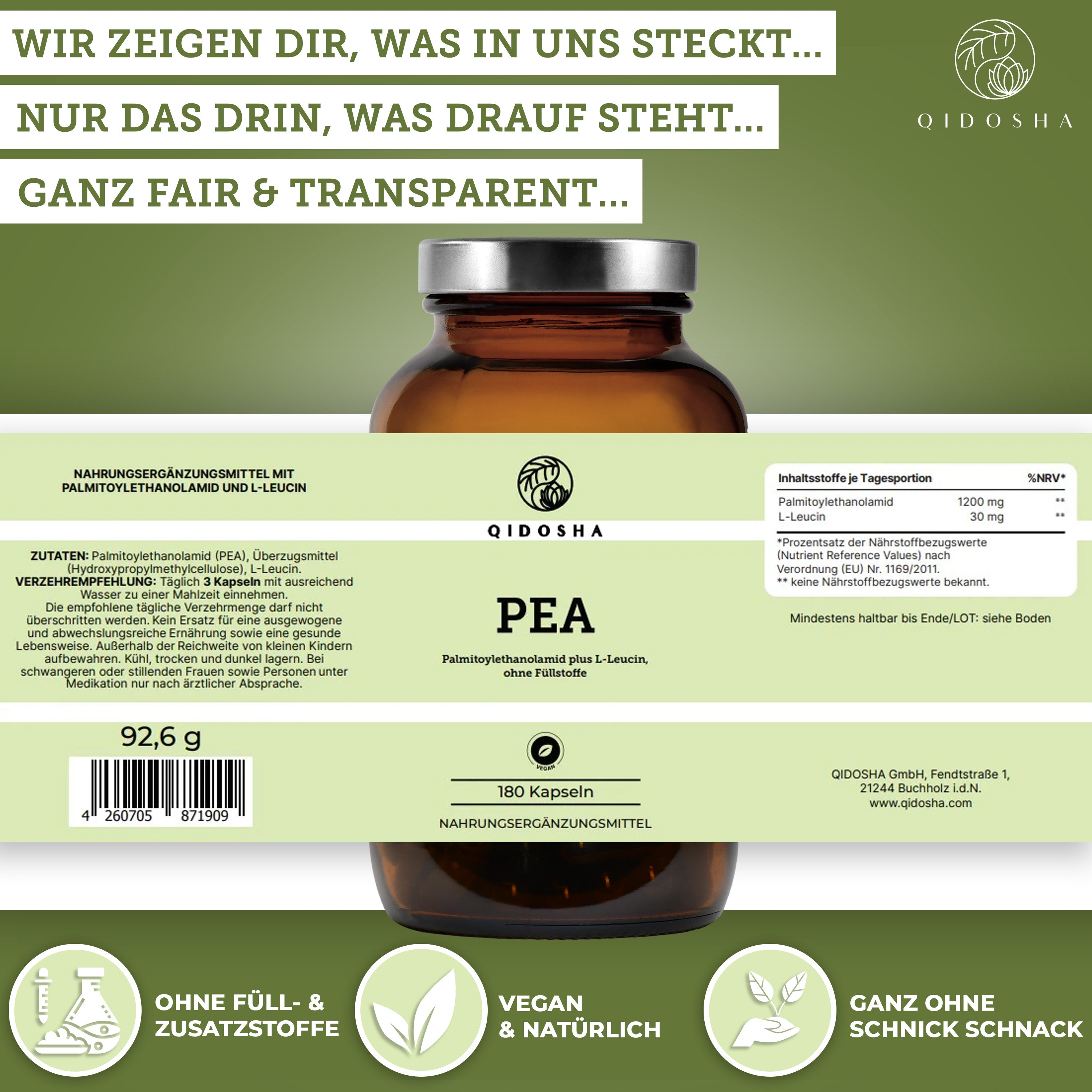 QIDOSHA Mobility Stack: Premium-Nahrungsergänzungsmittel in braunem Glas, vegan und ohne Füllstoffe, enthält PEA und L-Leucin für Beweglichkeit, laborgeprüfte Qualität, 180 Kapseln.
