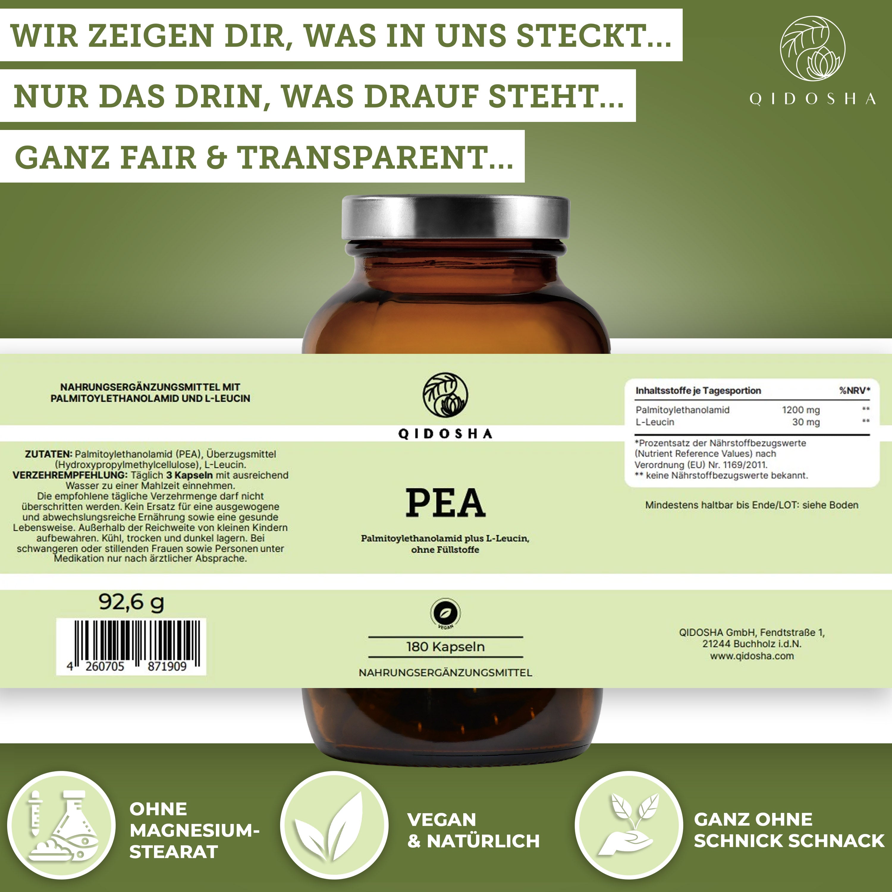 Qidosha Premium Palmitoylethanolamid (PEA) Nahrungsergänzungskapseln, 180 Stück, vegan, ohne Füllstoffe, hohe Qualität, in Deutschland laborgeprüft, in lichtgeschütztem Glas, 2-Monatsvorrat.