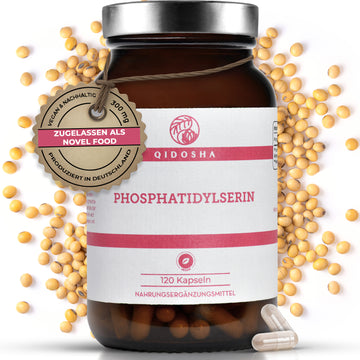 Phosphatidylserin im Glas von QIDOSHA: Premium, veganes Nahrungsergänzungsmittel, nachhaltig in Deutschland hergestellt, laborgeprüfte Qualität ohne Zusatzstoffe, aus gentechnikfreiem Soja gewonnen.