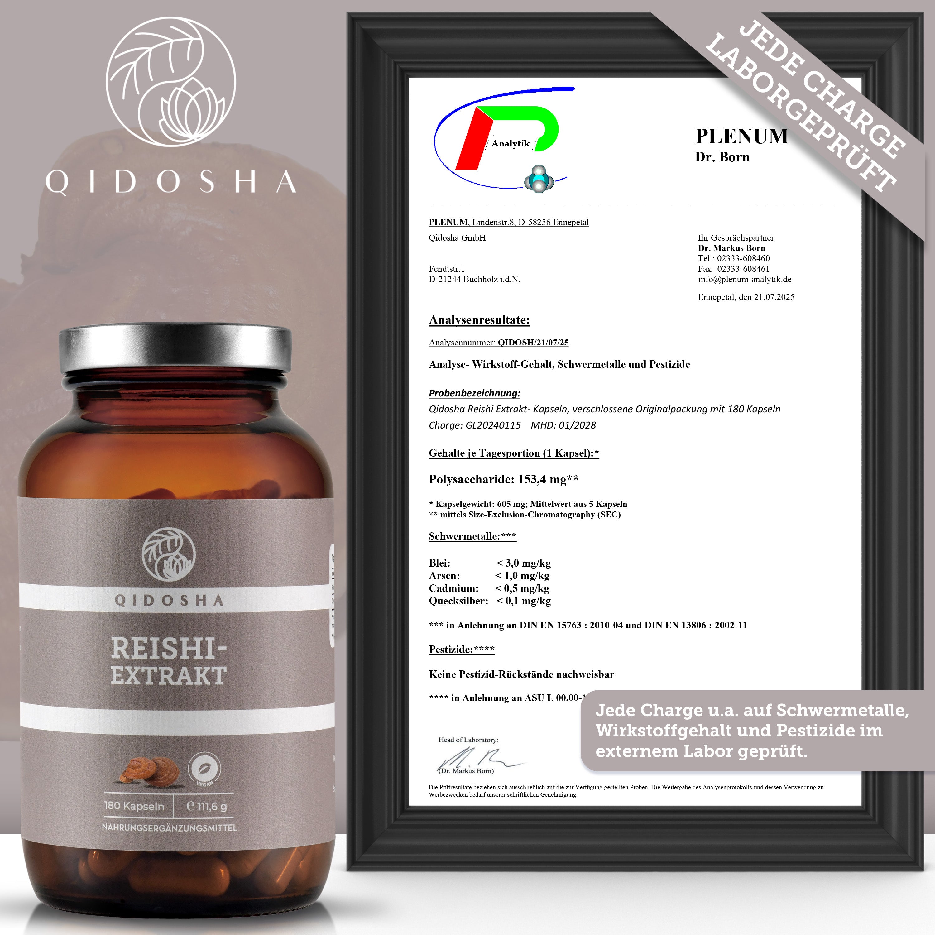 Reishi-Extrakt im Glas: QIDOSHA Premium-Nahrungsergänzungsmittel, 180 Kapseln. Inklusive laborgeprüftem Zertifikat für hohe Qualität, ohne Zusatzstoffe, mit hohem Polysaccharidgehalt.