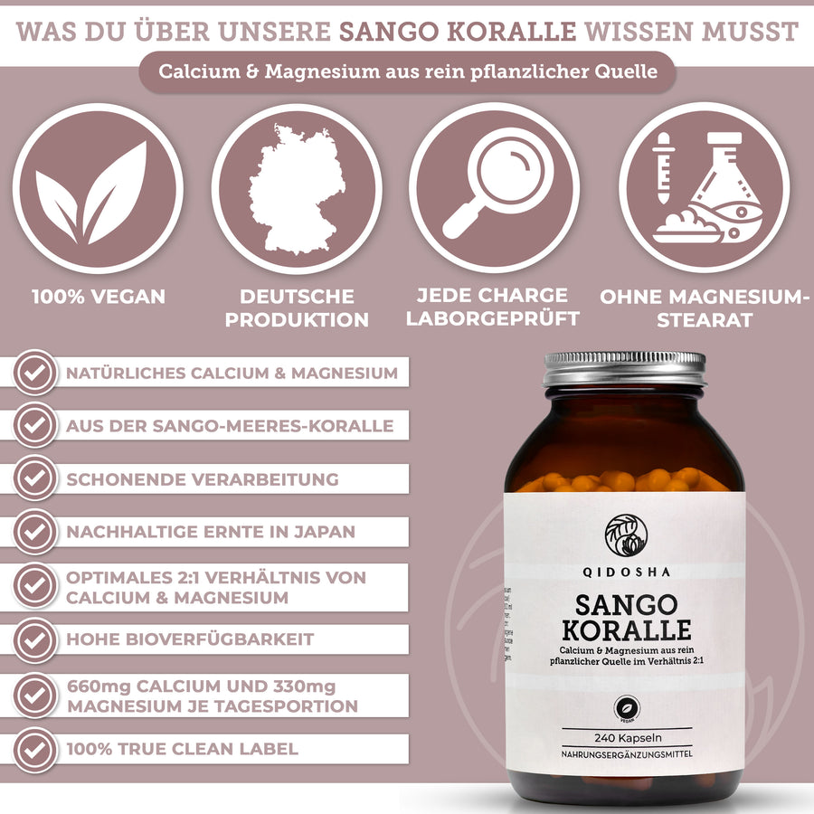 Sango Meereskoralle mit Calcium & Magnesium: Premium, veganes Nahrungsergänzungsmittel, laborgeprüft, nachhaltige Ernte, ohne Füllstoffe, im optimalen 2:1 Verhältnis, höchste Bioverfügbarkeit.