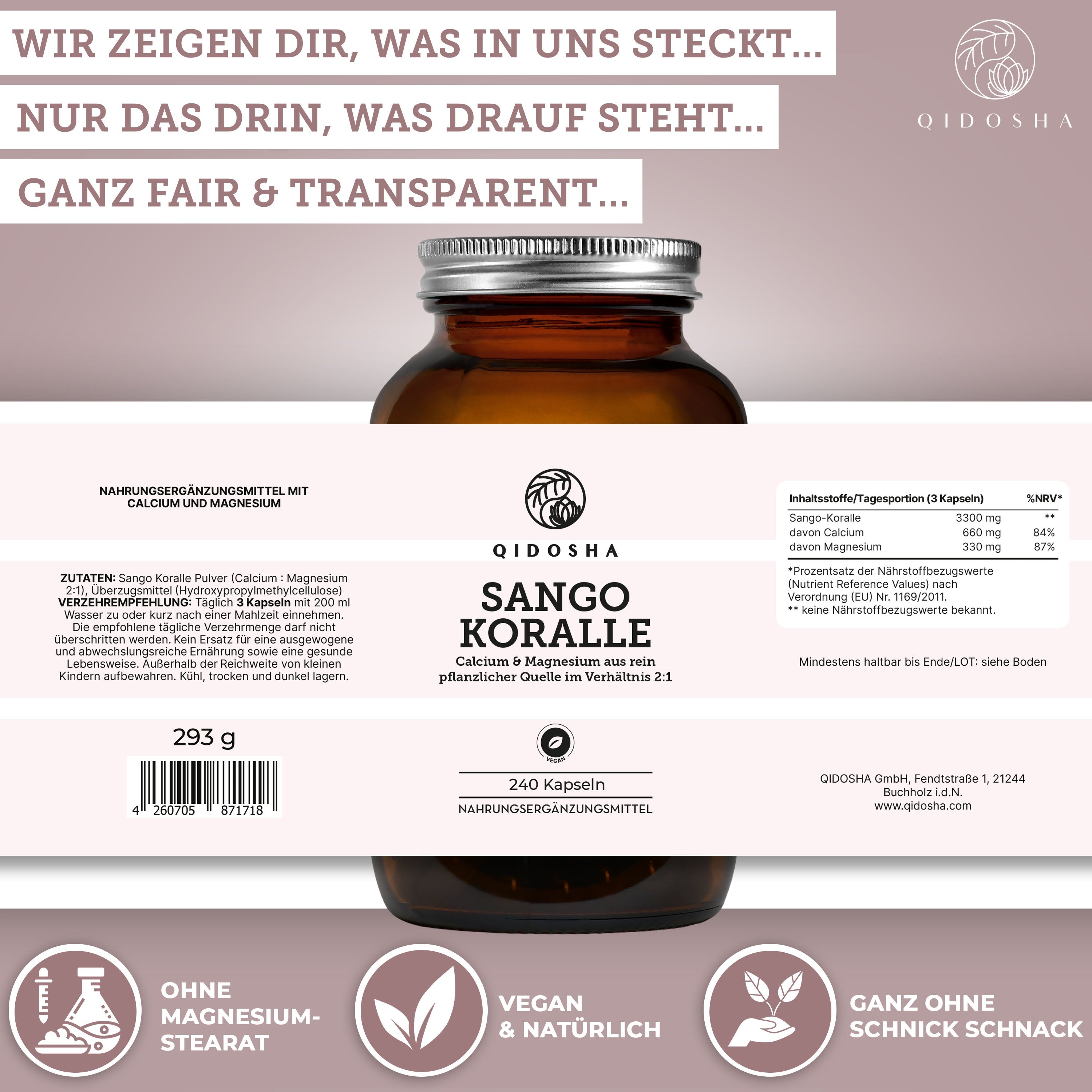 Sango Meereskoralle mit Calcium & Magnesium: Premium-vegane Kapseln, laborgeprüft, ohne Füllstoffe. Calcium-Magnesium-Verhältnis 2:1. Nachhaltig geerntet, hohe Bioverfügbarkeit. 240 Kapseln im Glas.