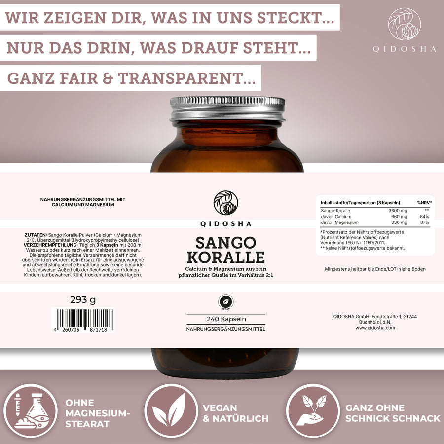 Sango Meereskoralle mit Calcium & Magnesium: Premium-vegane Kapseln, laborgeprüft, ohne Füllstoffe. Calcium-Magnesium-Verhältnis 2:1. Nachhaltig geerntet, hohe Bioverfügbarkeit. 240 Kapseln im Glas.