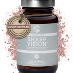 QIDOSHA SHARP VISION Augen-Komplex: Braunglasdose mit silbernem Deckel, 90 vegane Kapseln für normale Sehkraft, produziert in Deutschland, ohne Zusatzstoffe, laborgeprüft, nachhaltiges Produkt.