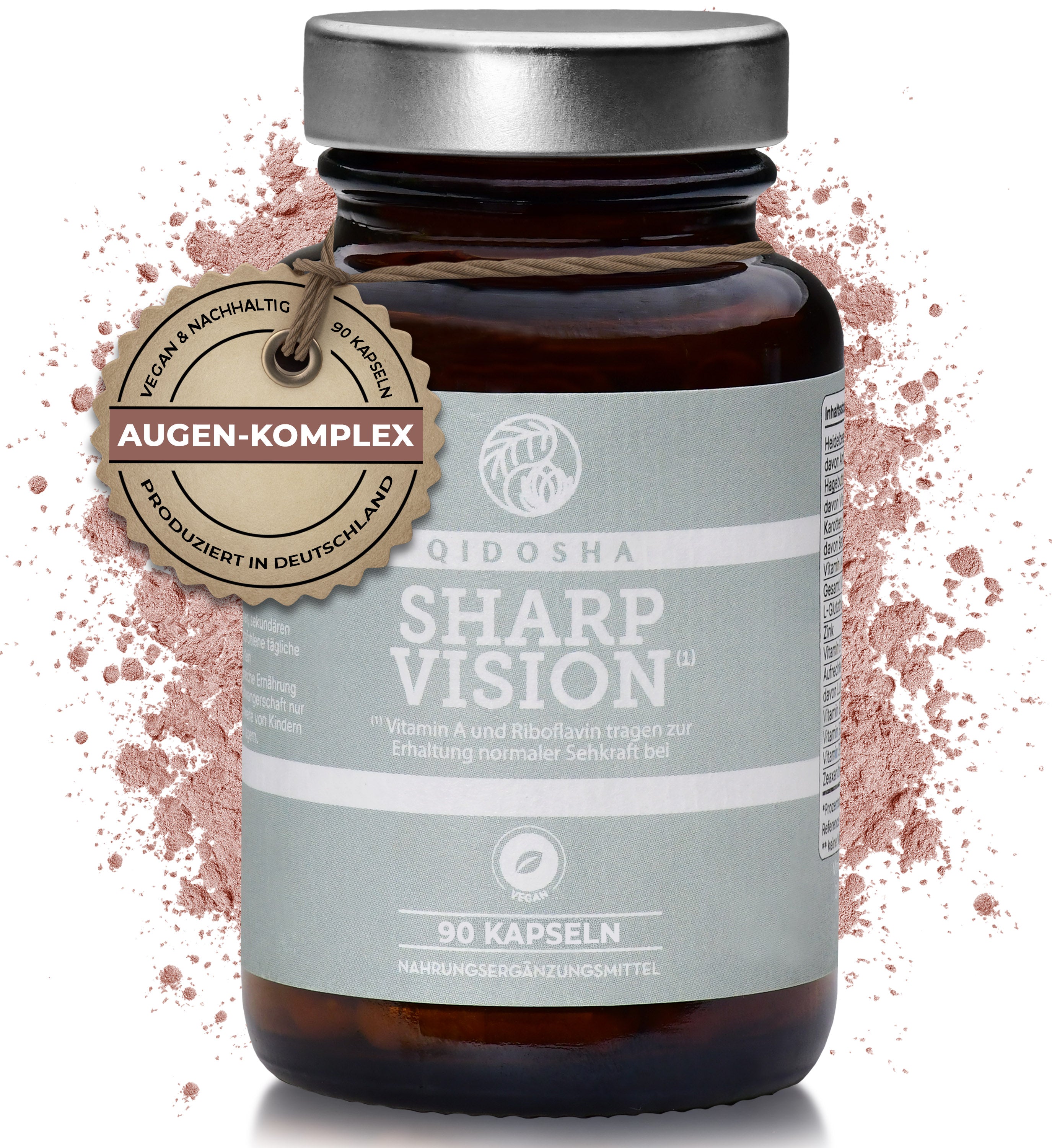 QIDOSHA SHARP VISION Augen-Komplex: Braunglasdose mit silbernem Deckel, 90 vegane Kapseln für normale Sehkraft, produziert in Deutschland, ohne Zusatzstoffe, laborgeprüft, nachhaltiges Produkt.