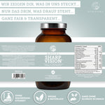 Qidosha Sharp Vision, ein Premium-Augen-Komplex aus Deutschland, enthält wichtige Vitamine und Pflanzenstoffe für normale Sehkraft, vegan und ohne Füllstoffe, laborgeprüft.