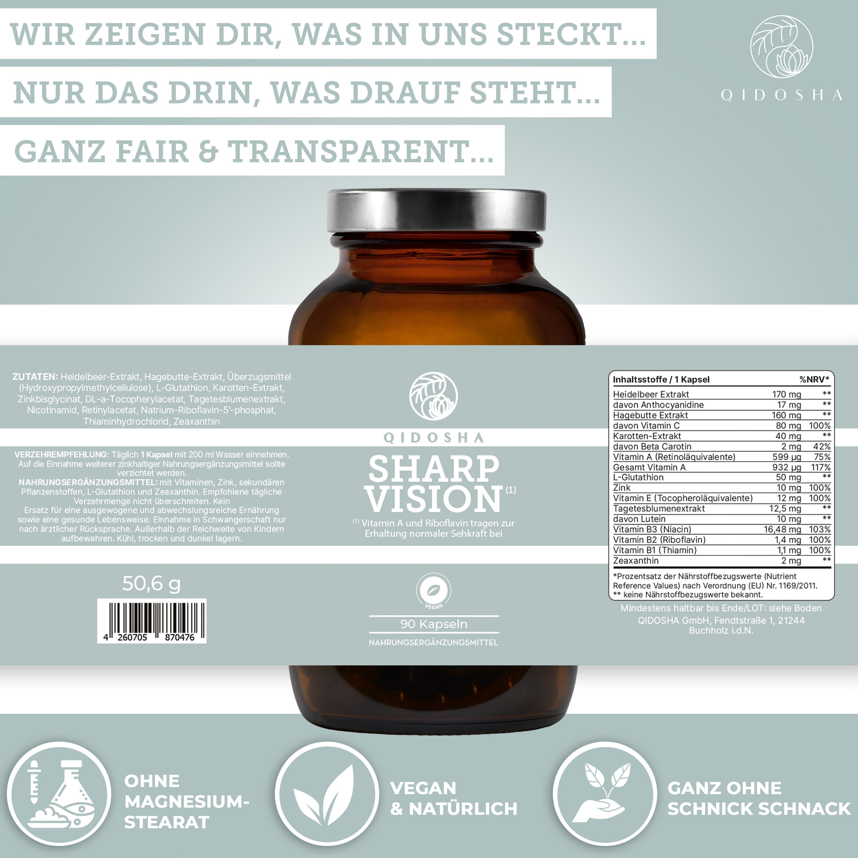 Qidosha Sharp Vision, ein Premium-Augen-Komplex aus Deutschland, enthält wichtige Vitamine und Pflanzenstoffe für normale Sehkraft, vegan und ohne Füllstoffe, laborgeprüft.