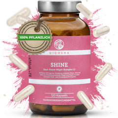 SHINE Haut, Haare, Nägel Komplex im Glas von QIDOSHA, 120 vegane Premium-Kapseln. 100 % pflanzlich, laborgeprüfte Qualität, ohne Füllstoffe, hergestellt in Deutschland.