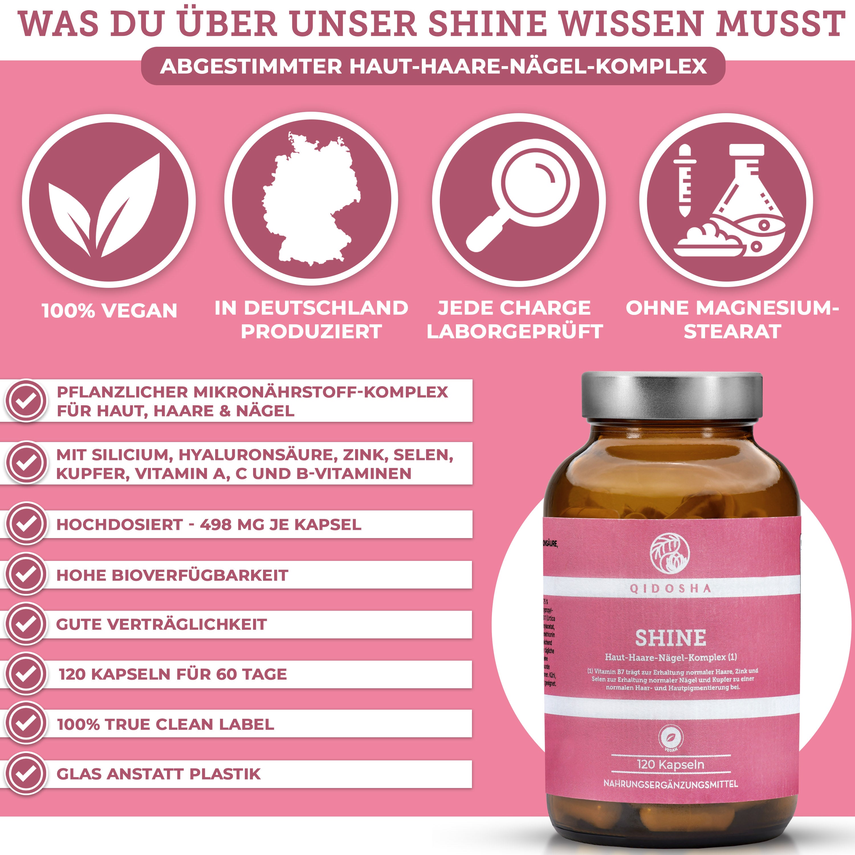 SHINE Haut, Haare, Nägel Komplex von QIDOSHA: 100% veganer Premium-Mikronährstoffkomplex mit Silizium, Hyaluronsäure, Vitaminen; laborgeprüfte Qualität, ohne Füllstoffe, in nachhaltigem Glas verpackt.