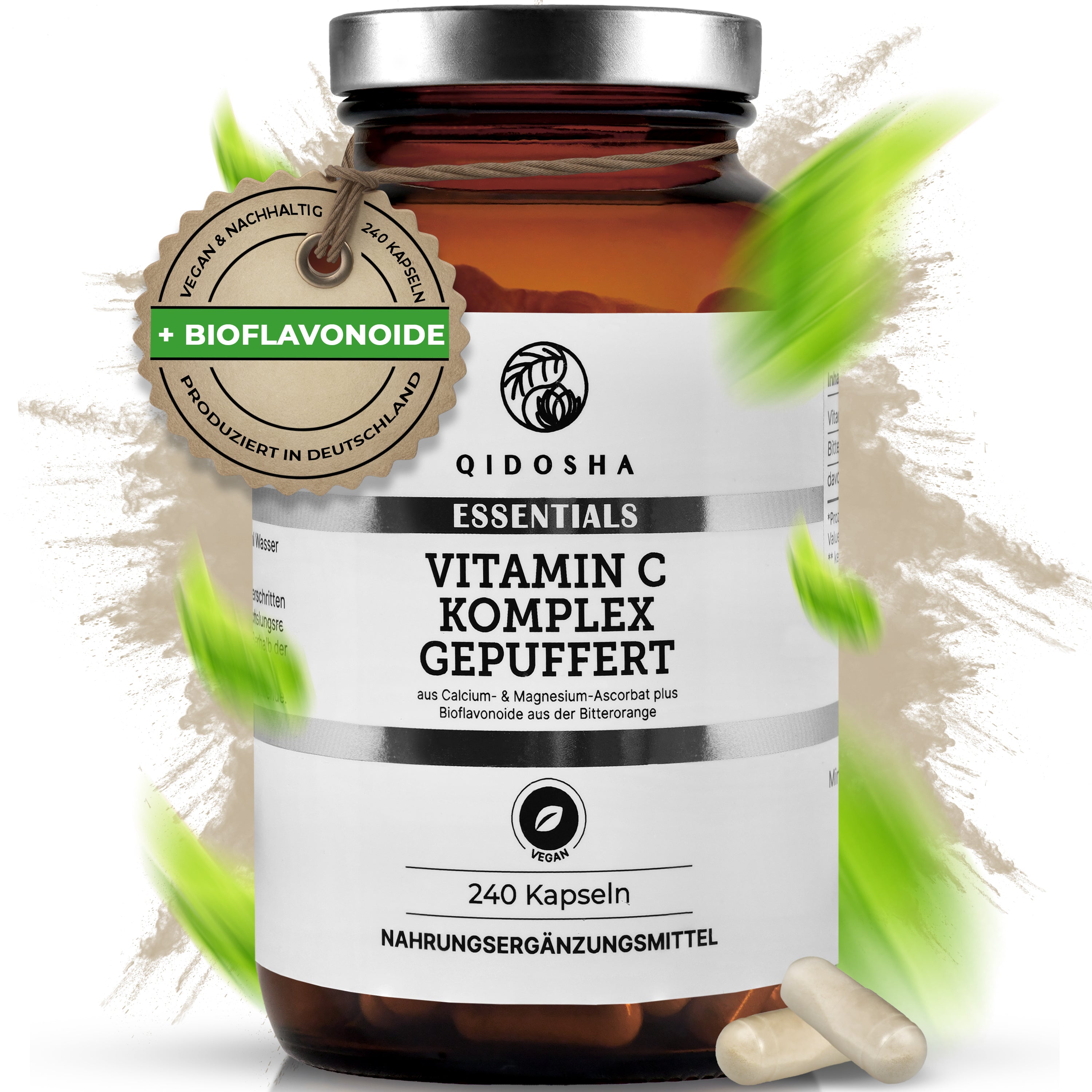 Vitamin C Komplex gepuffert mit Bioflavonoiden, nachhaltiges Premium-Produkt aus Deutschland, 240 vegane Kapseln in braunem Glas, ohne Füllstoffe, laborgeprüfte hohe Qualität.